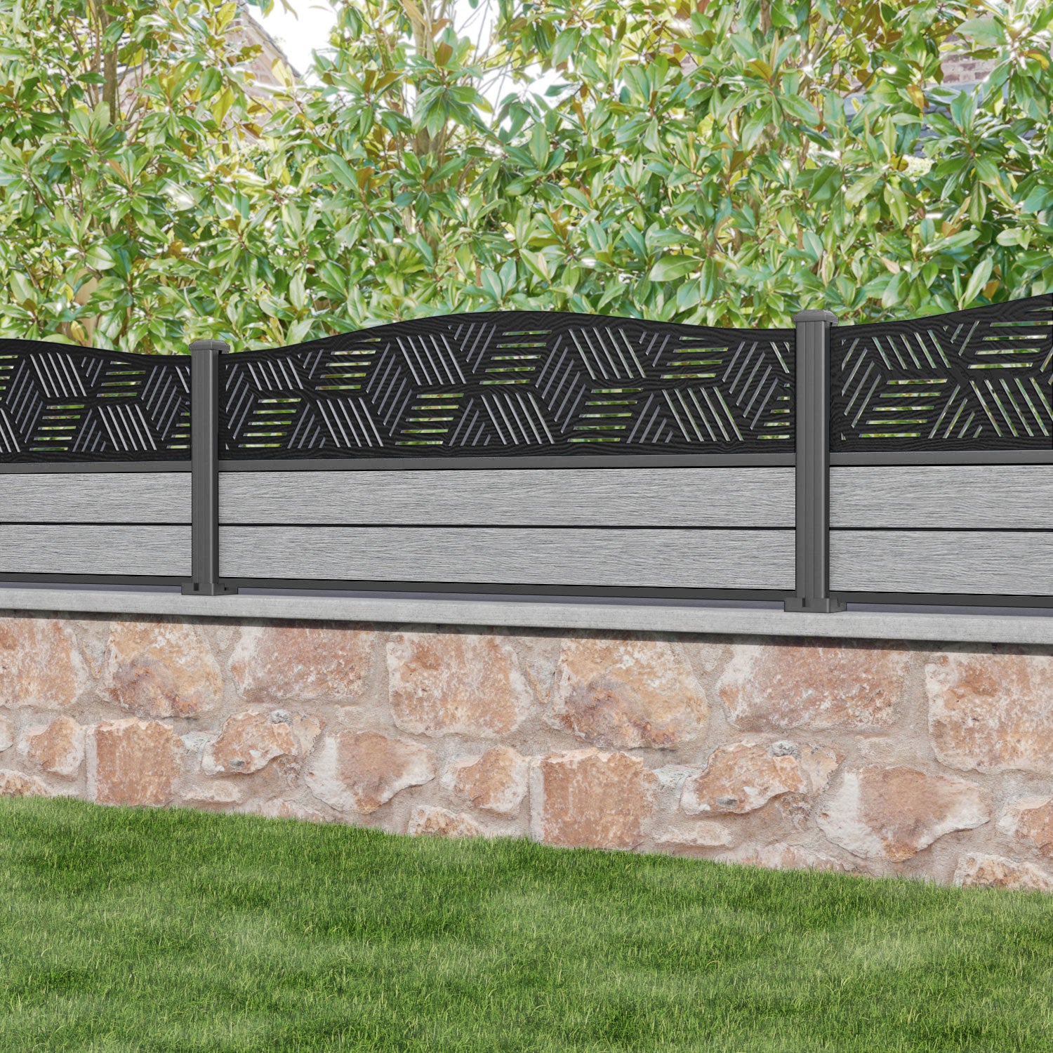 Fusion Cubed Curved Top Fence Panel - Light Grey - with our aluminium posts