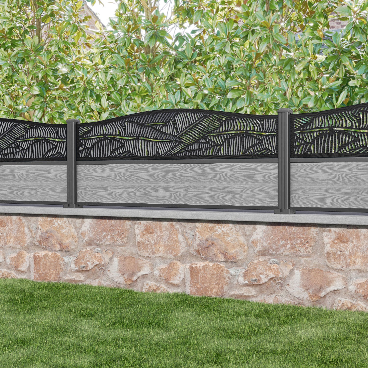 Classic Feather Curved Top Fence Panel - Light Grey - with our aluminium posts