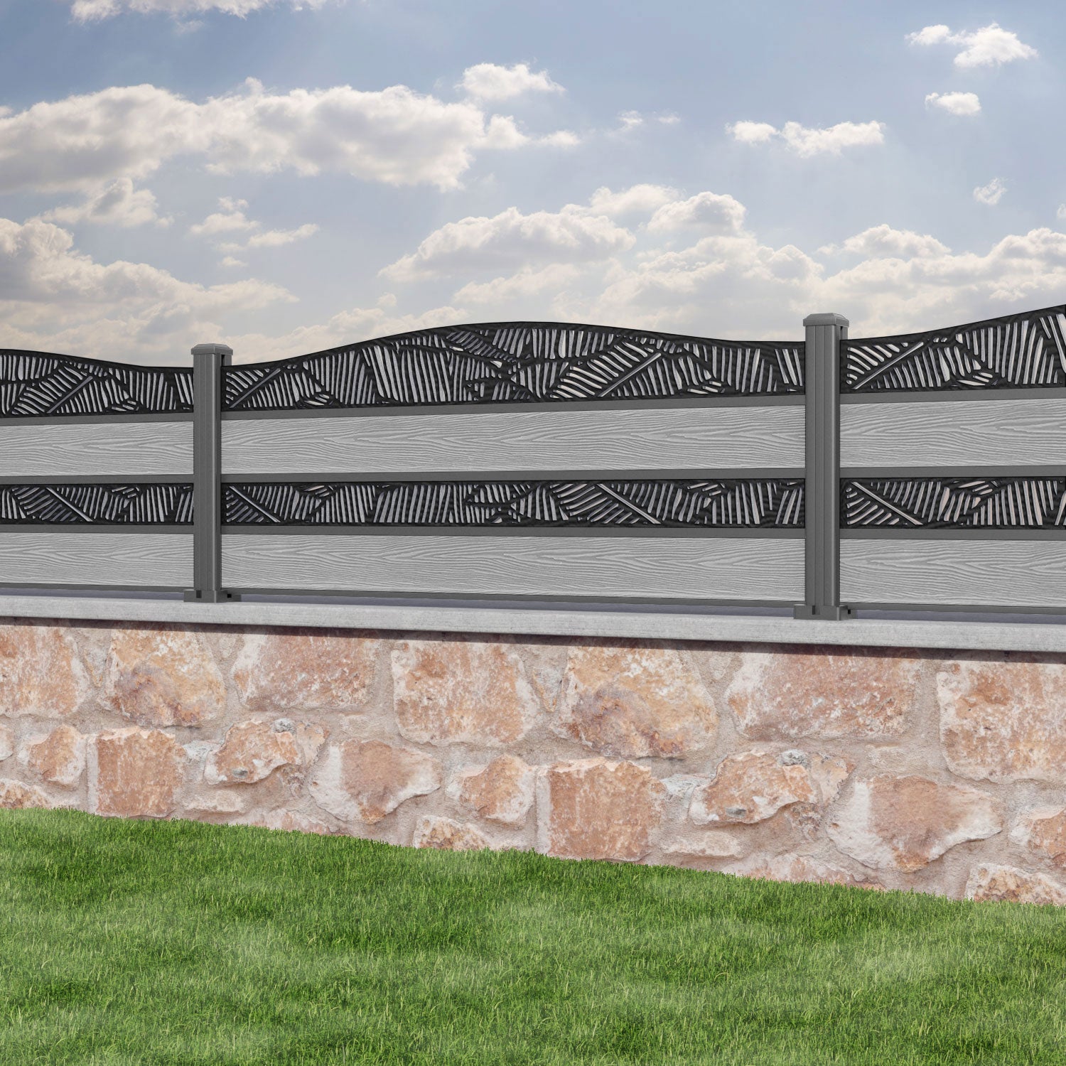 Classic Feather Curved Top Split Screen Fence Panel - Light Grey - with our aluminium posts