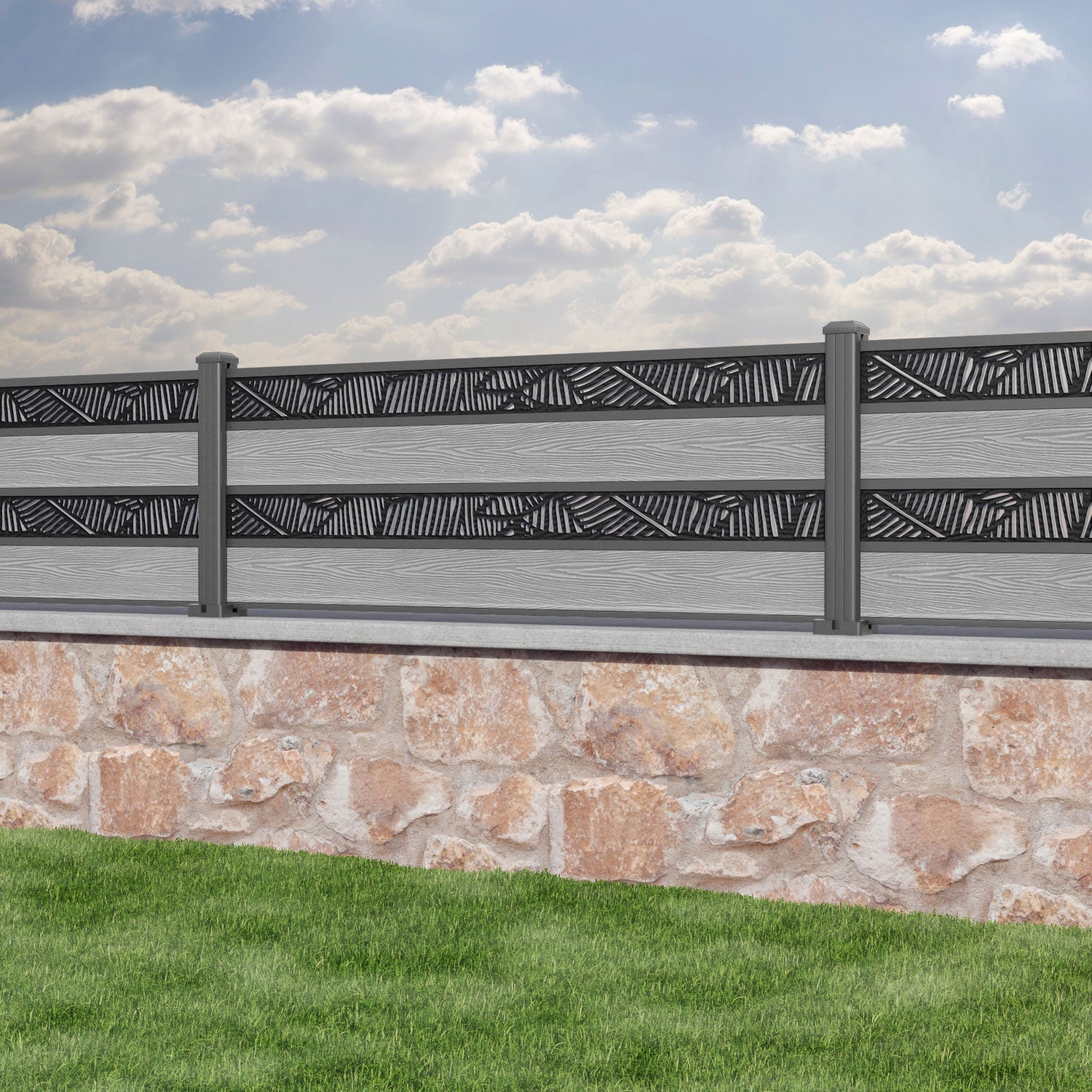 Classic Feather Split Screen Fence Panel - Light Grey - with our aluminium posts