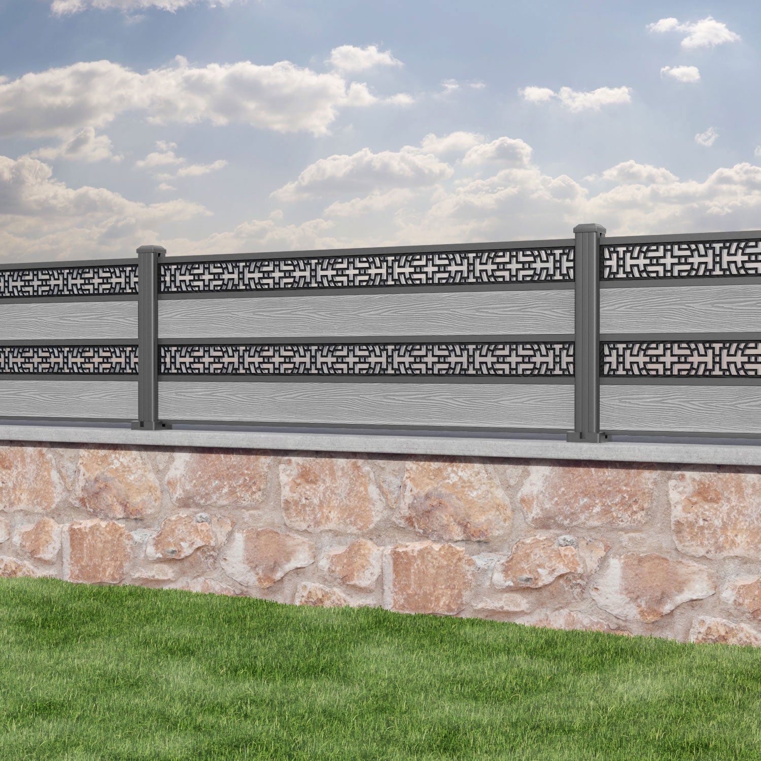 Classic Kumo Split Screen Fence Panel - Light Grey - with our aluminium posts