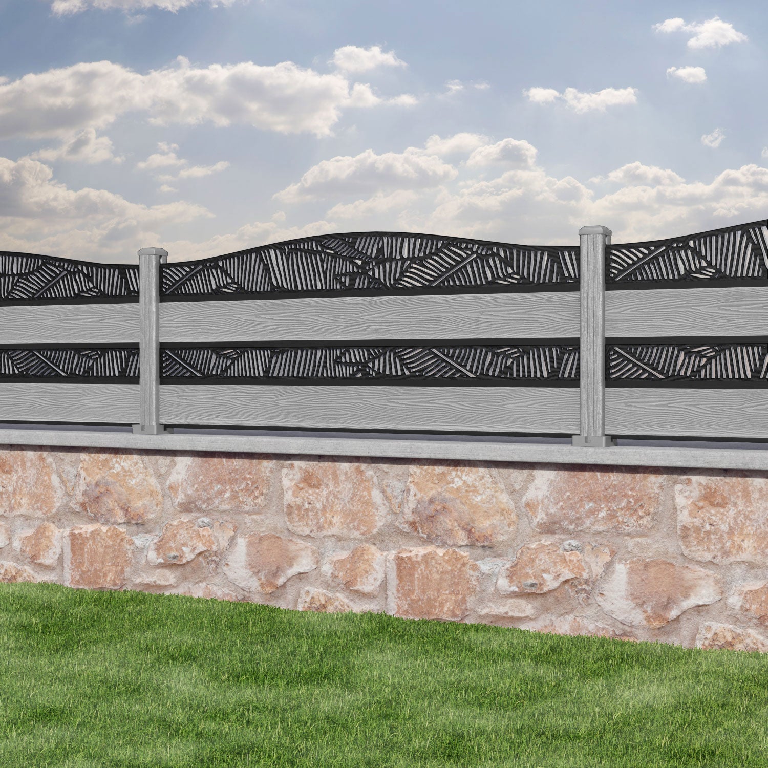 Classic Feather Curved Top Split Screen Fence Panel - Light Grey - with our composite posts