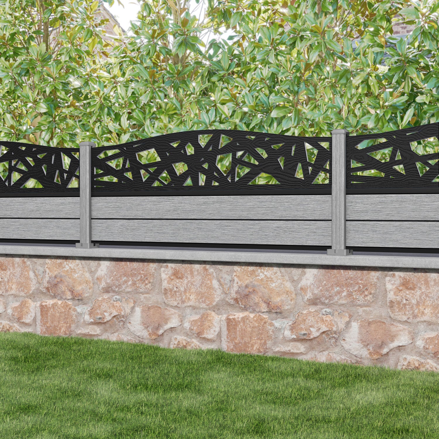 Fusion Prism Curved Top Fence Panel - Light Grey - with our composite posts