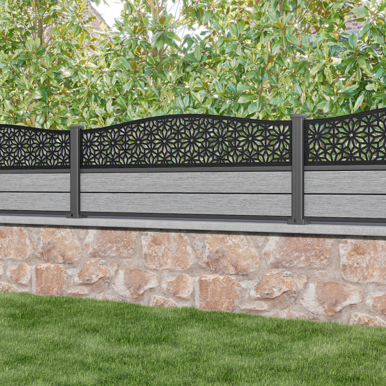 Fusion Narwa Curved Top Fence Panel - Light Grey - with our aluminium posts