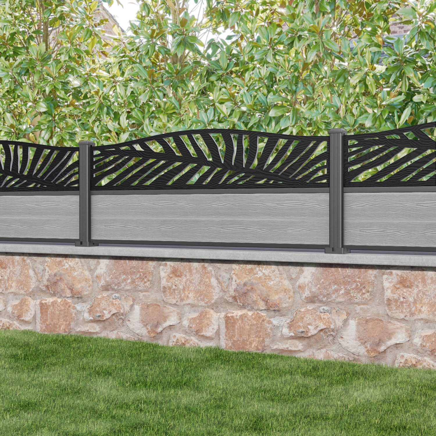 Classic Palm Curved Top Fence Panel - Light Grey - with our aluminium posts