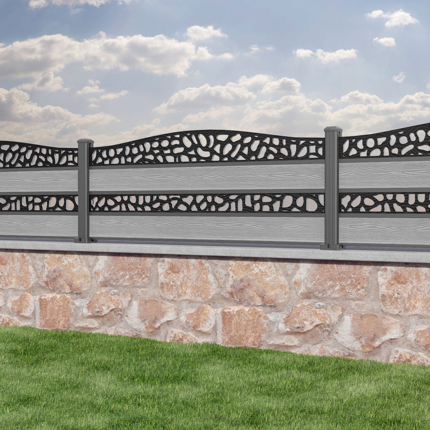Classic Pebble Curved Top Split Screen Fence Panel - Light Grey - with our aluminium posts