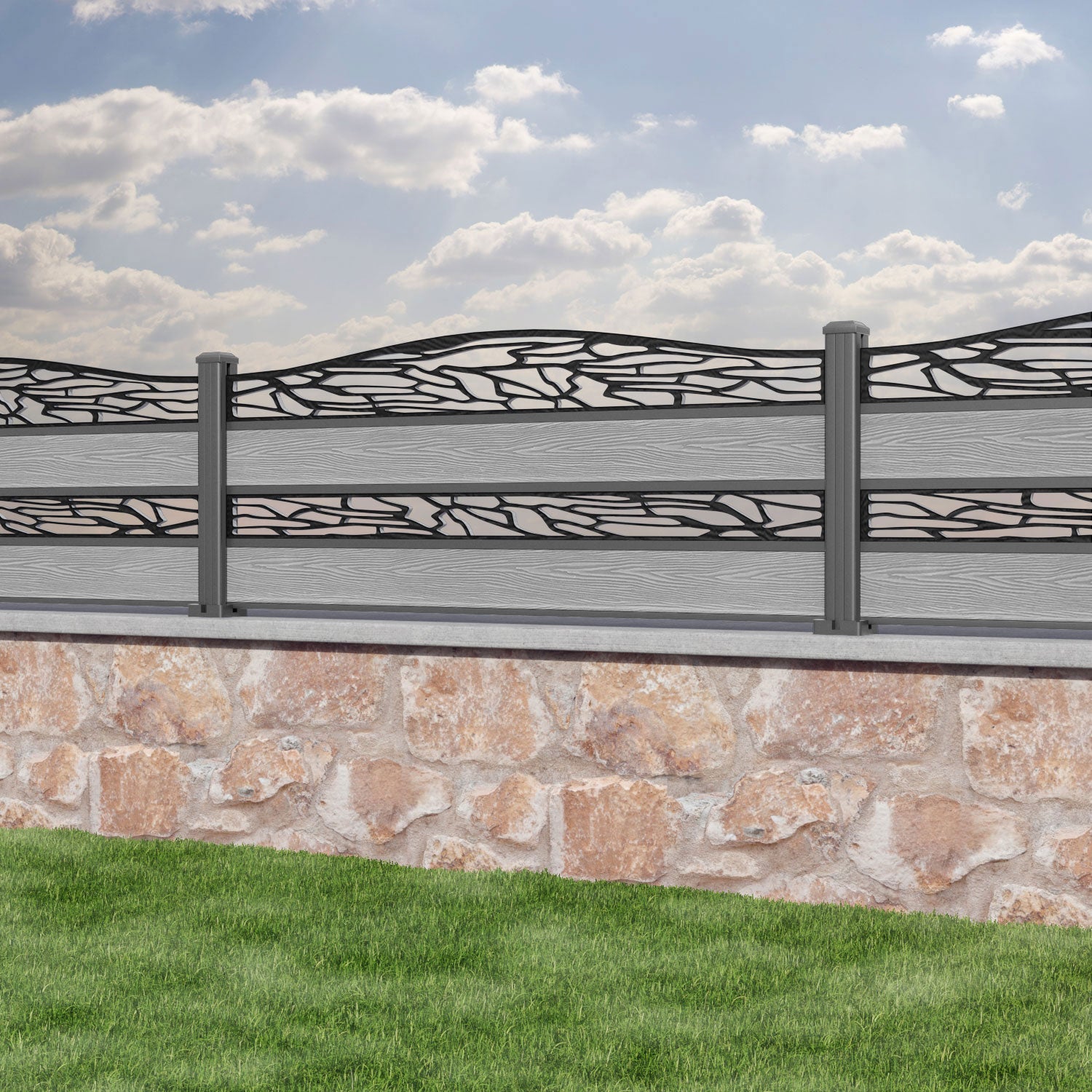 Classic Shatter Curved Top Split Screen Fence Panel - Light Grey - with our aluminium posts