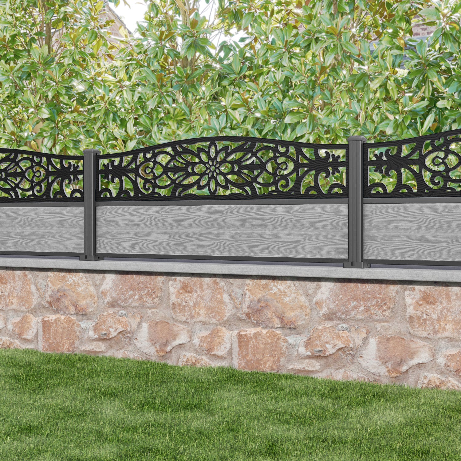 Classic Windsor Curved Top Fence Panel - Light Grey - with our aluminium posts