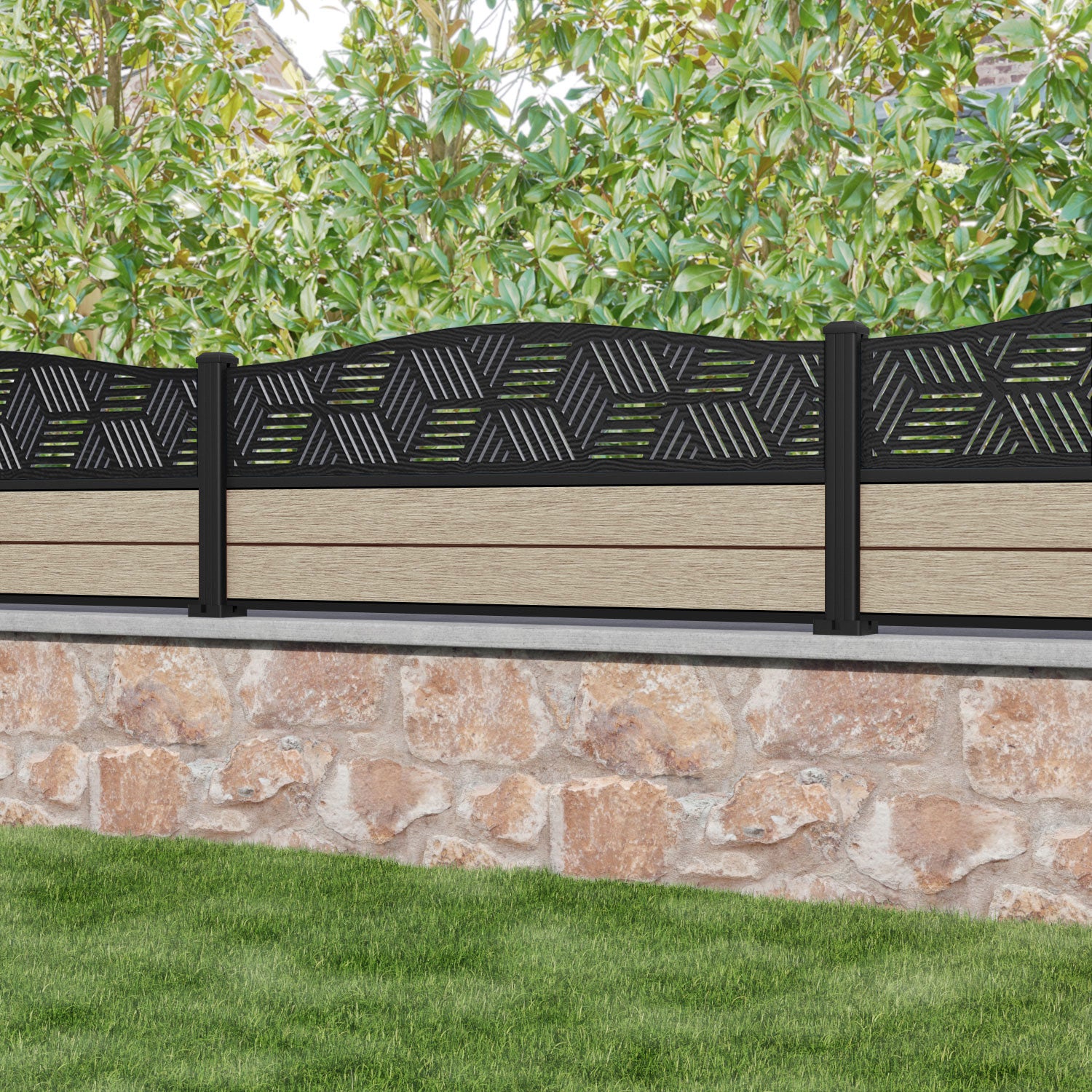Fusion Cubed Curved Top Fence Panel - Light Oak - with our aluminium posts