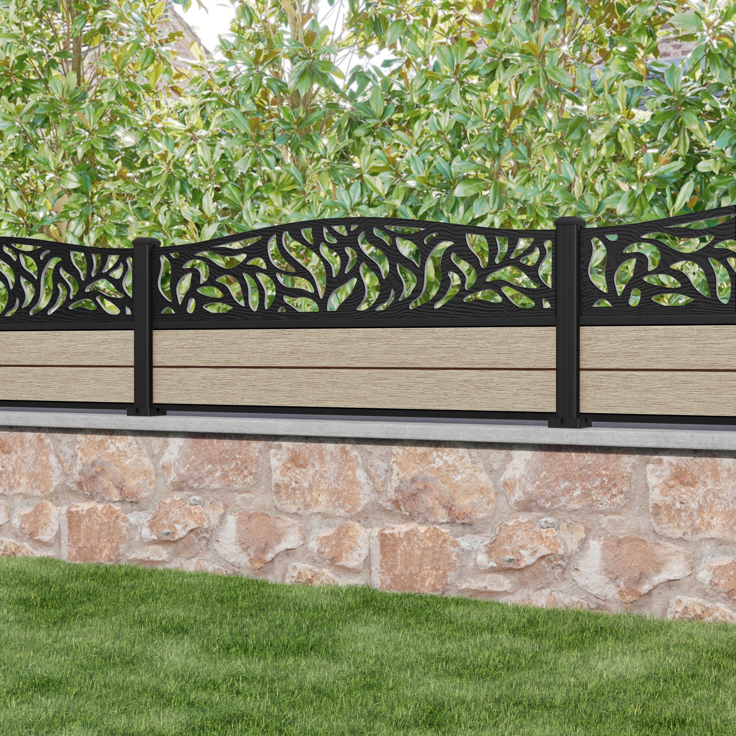 Fusion Plume Curved Top Fence Panel - Light Oak - with our aluminium posts