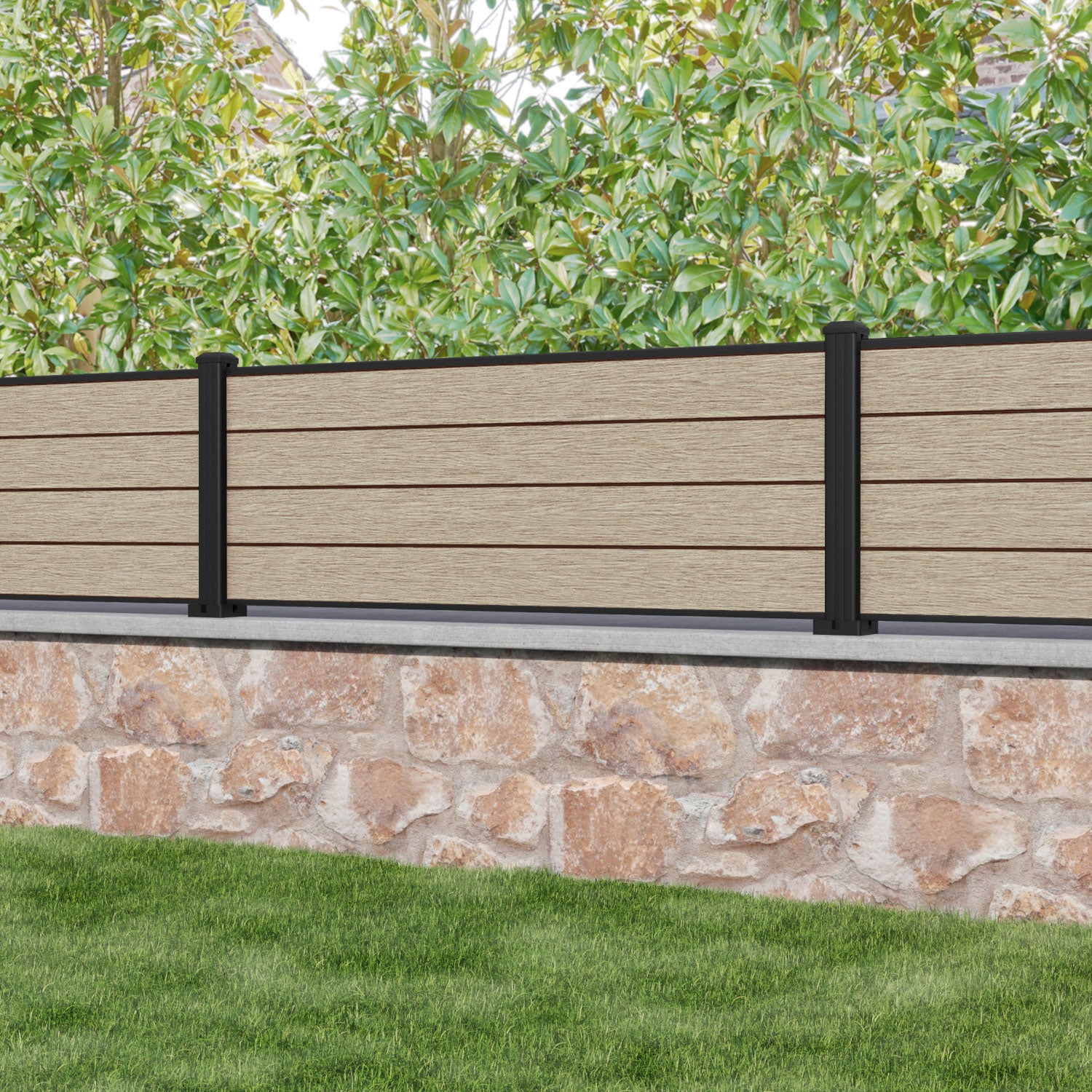Fusion Fence Panel - Light Oak - with our aluminium posts