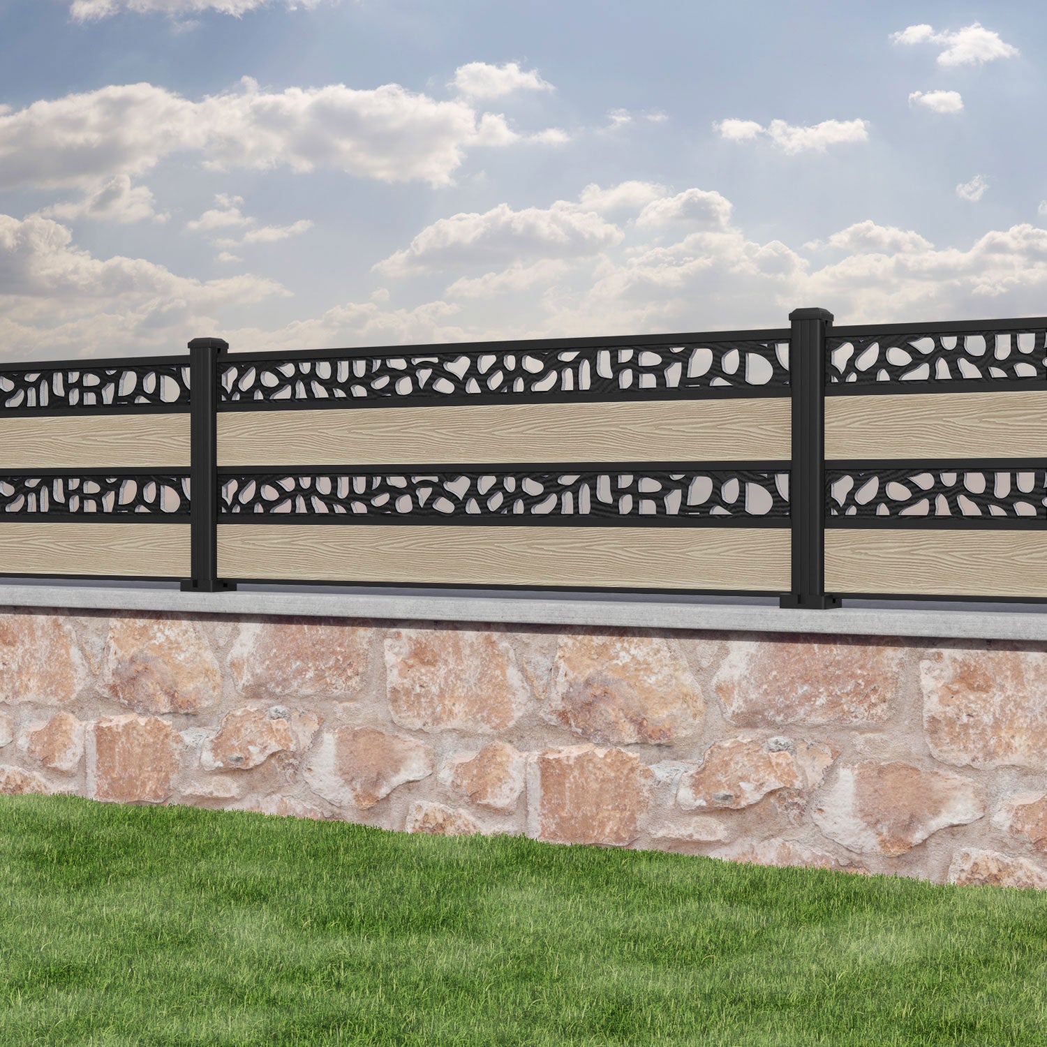 Classic Pebble Split Screen Fence Panel - Light Oak - with our aluminium posts