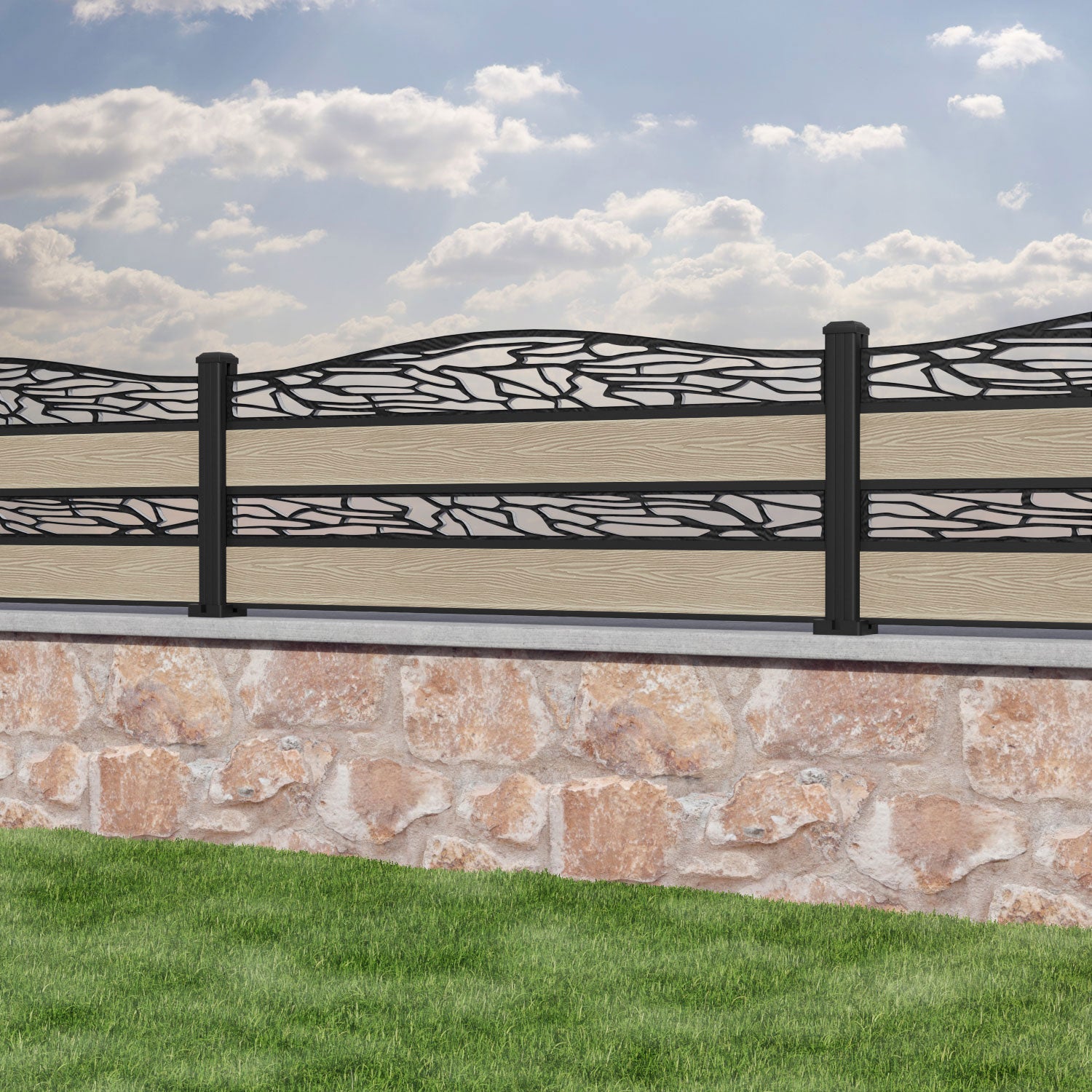 Classic Shatter Curved Top Split Screen Fence Panel - Light Oak - with our aluminium posts