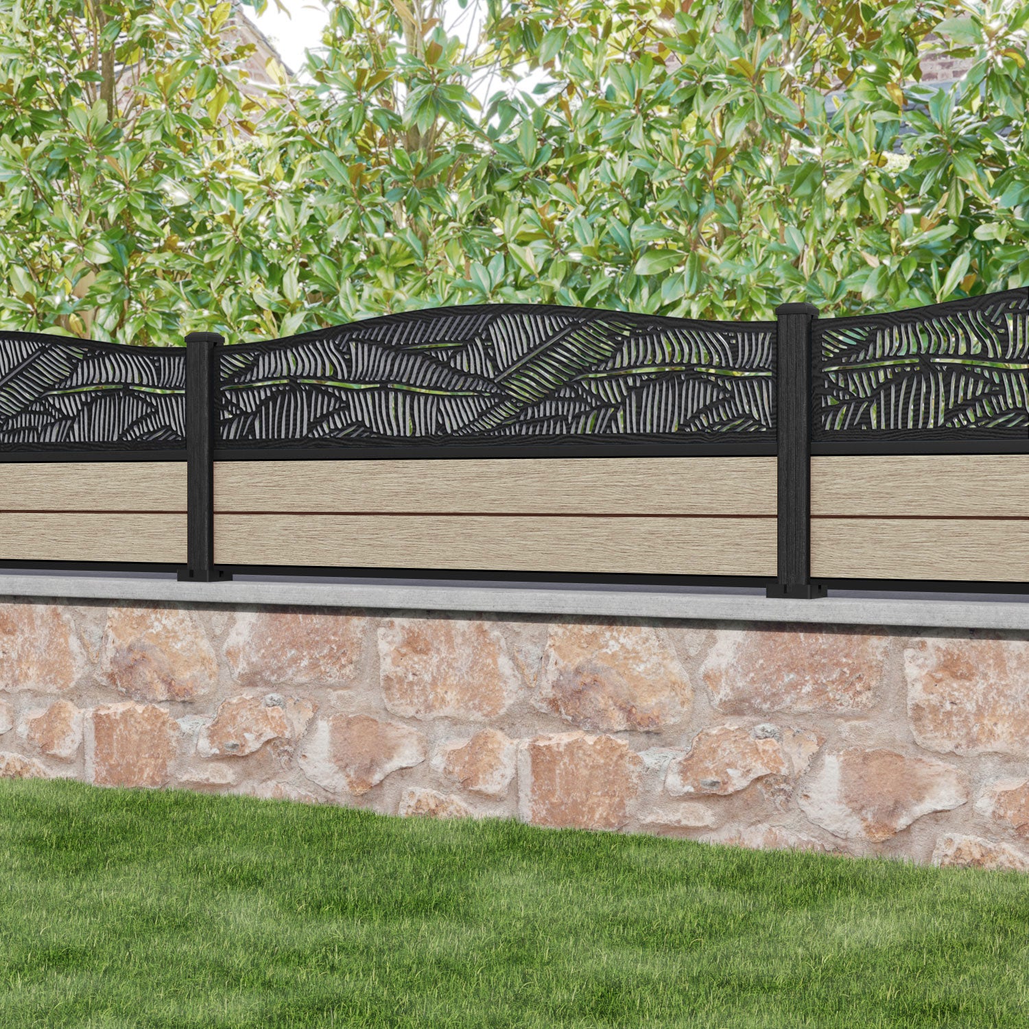 Fusion Feather Curved Top Fence Panel - Light Oak - with our composite posts