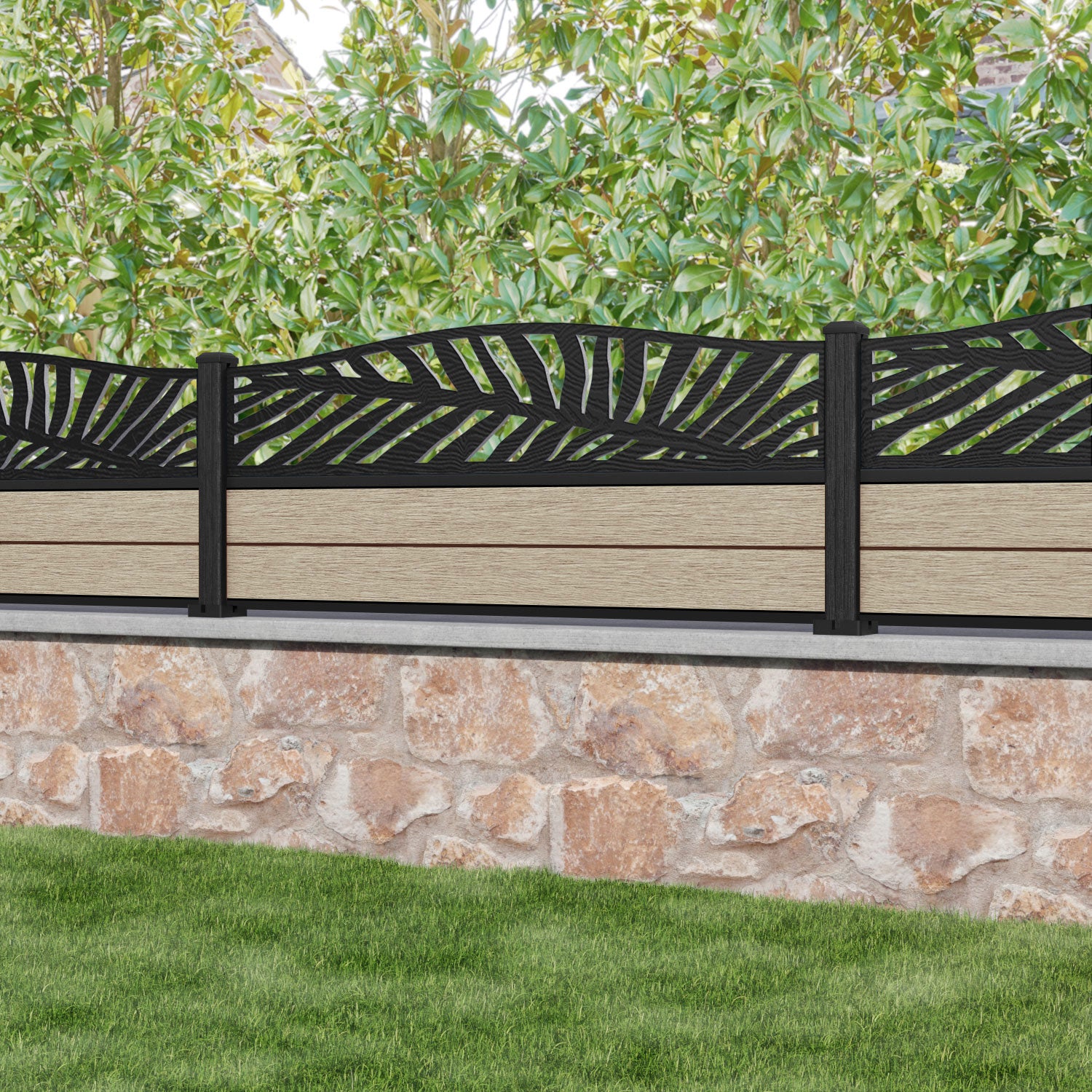 Fusion Palm Curved Top Fence Panel - Light Oak - with our composite posts