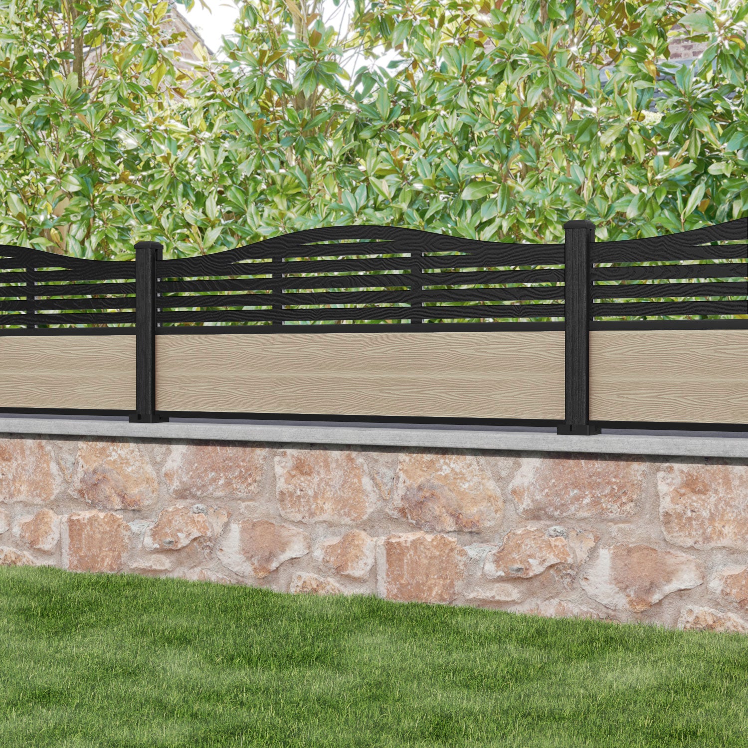 Classic Aspen Curved Top Fence Panel - Light Oak - with our composite posts