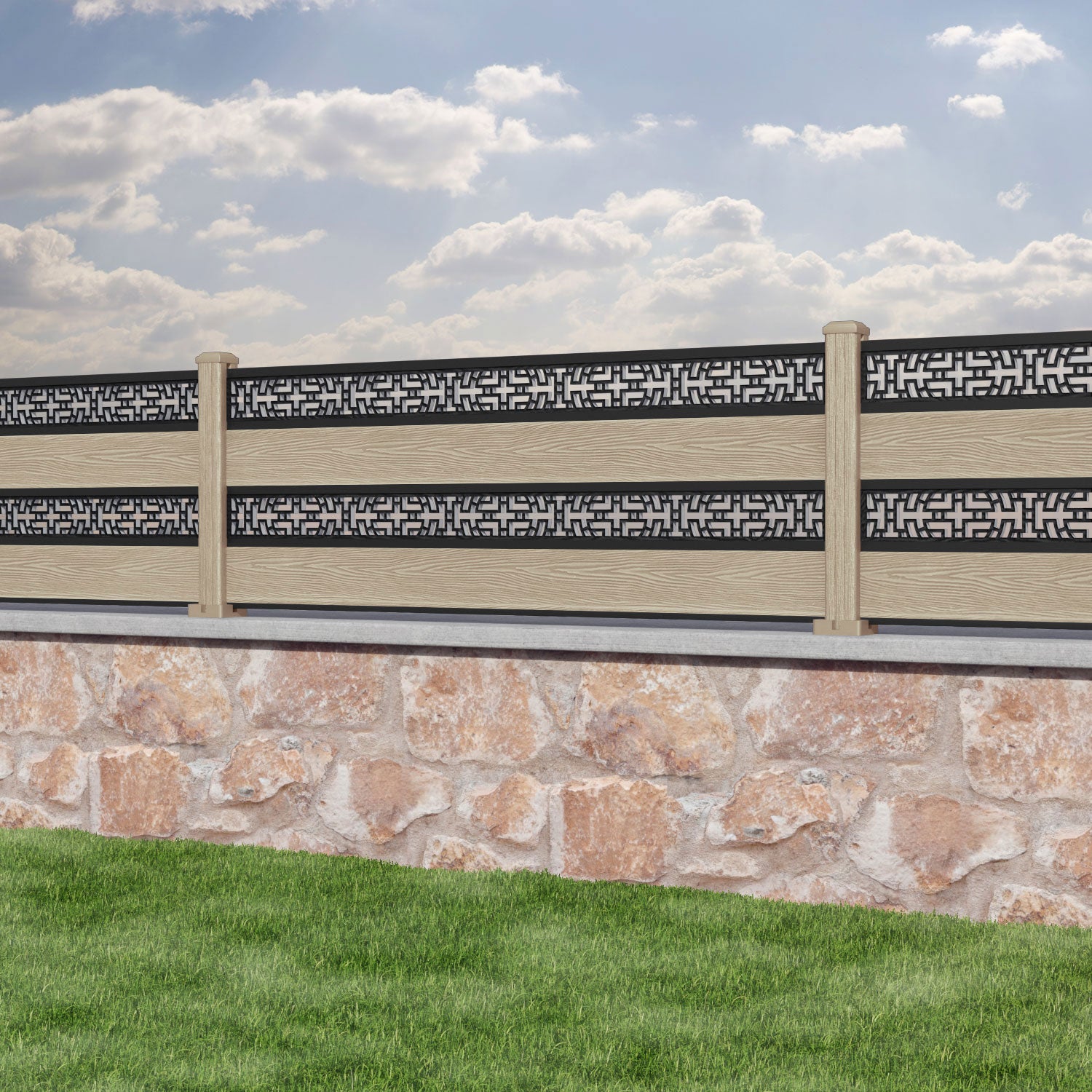 Classic Kumo Split Screen Fence Panel - Light Oak - with our composite posts