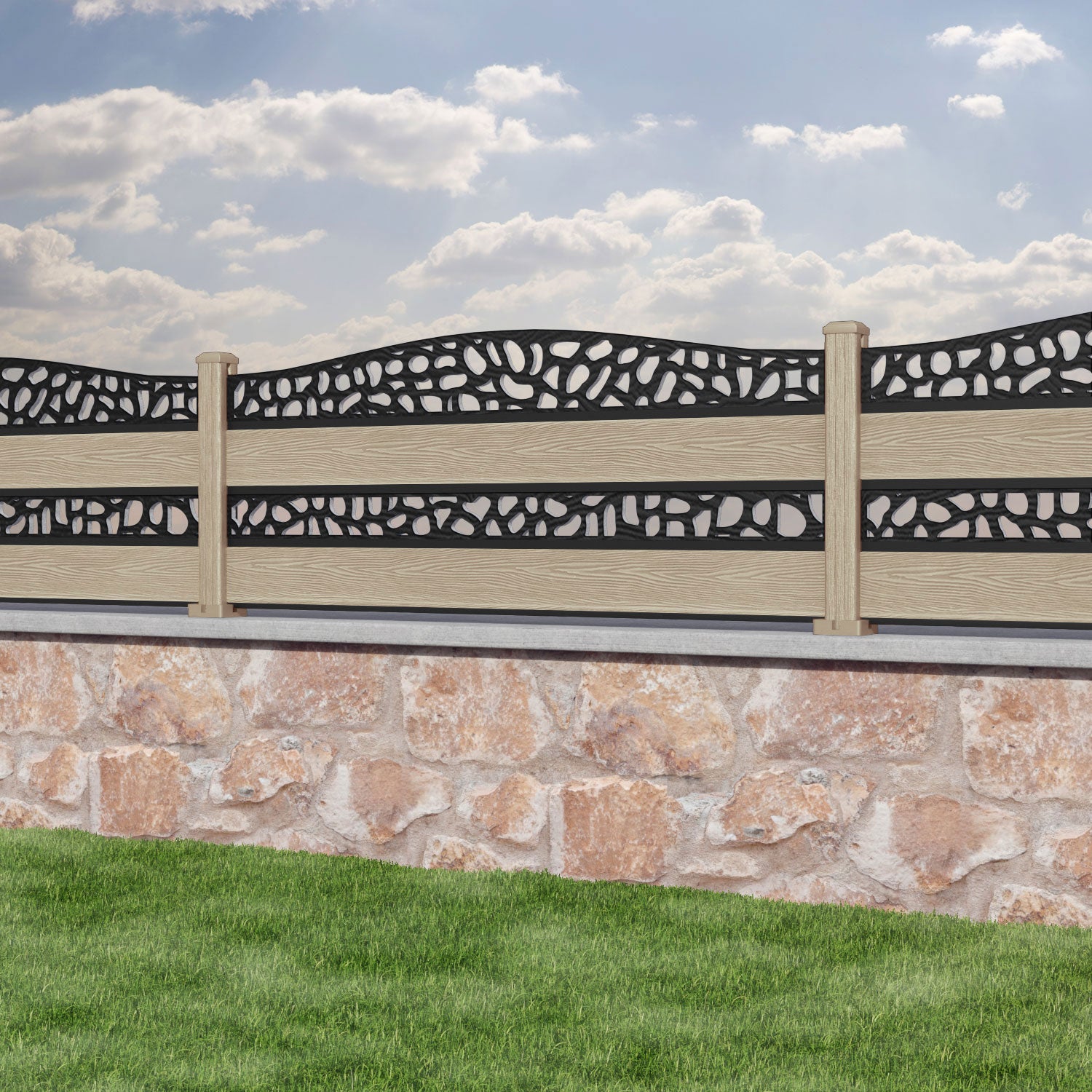 Classic Pebble Curved Top Split Screen Fence Panel - Light Oak - with our composite posts