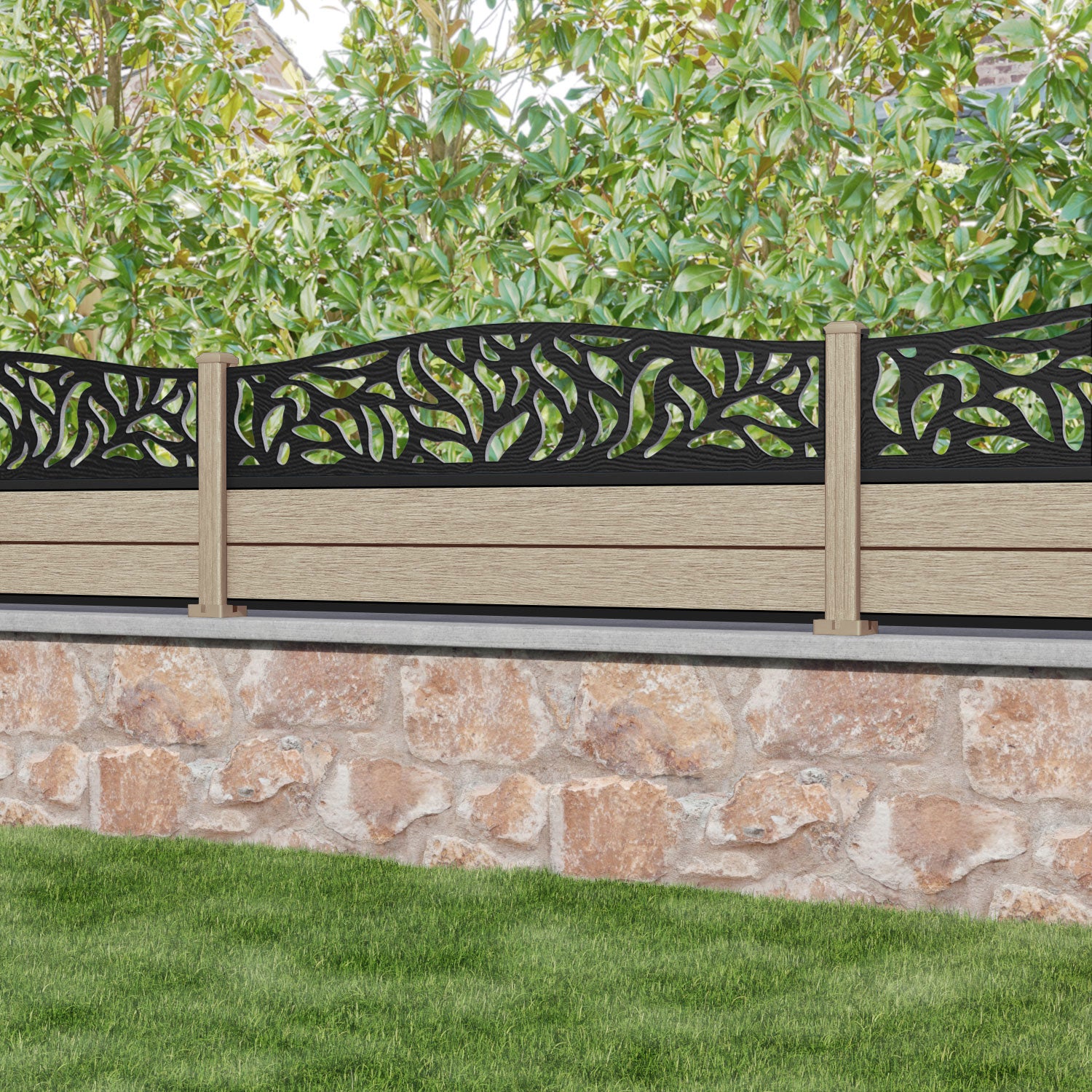 Fusion Plume Curved Top Fence Panel - Light Oak - with our composite posts