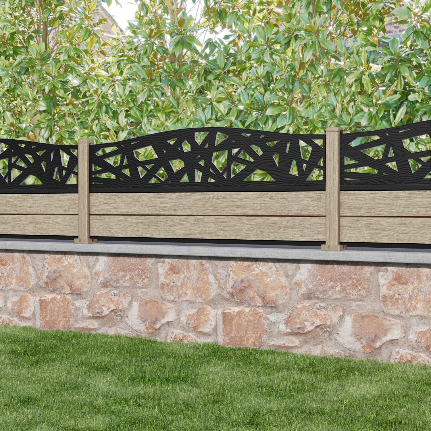 Fusion Prism Curved Top Fence Panel - Light Oak - with our composite posts