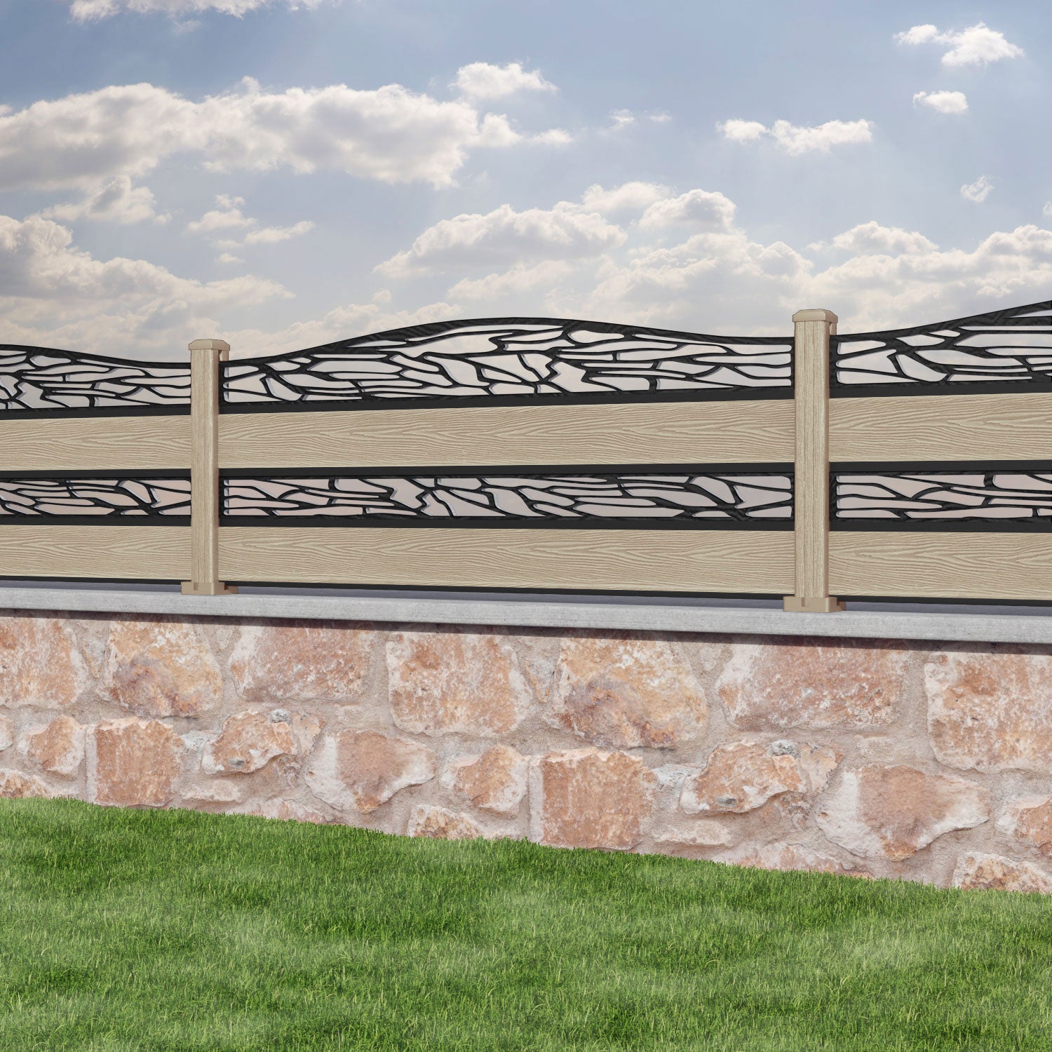 Classic Shatter Curved Top Split Screen Fence Panel - Light Oak - with our composite posts