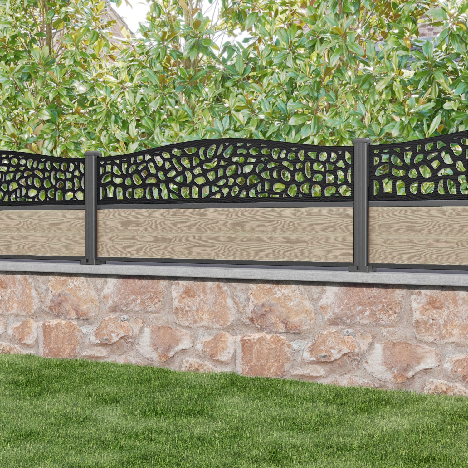 Classic Pebble Curved Top Fence Panel - Light Oak - with our aluminium posts