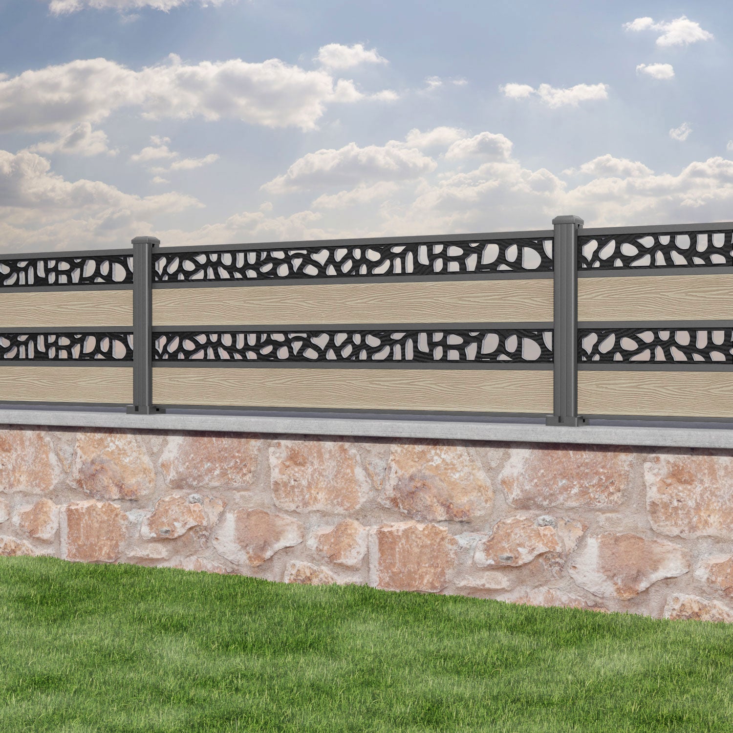 Classic Pebble Split Screen Fence Panel - Light Oak - with our aluminium posts