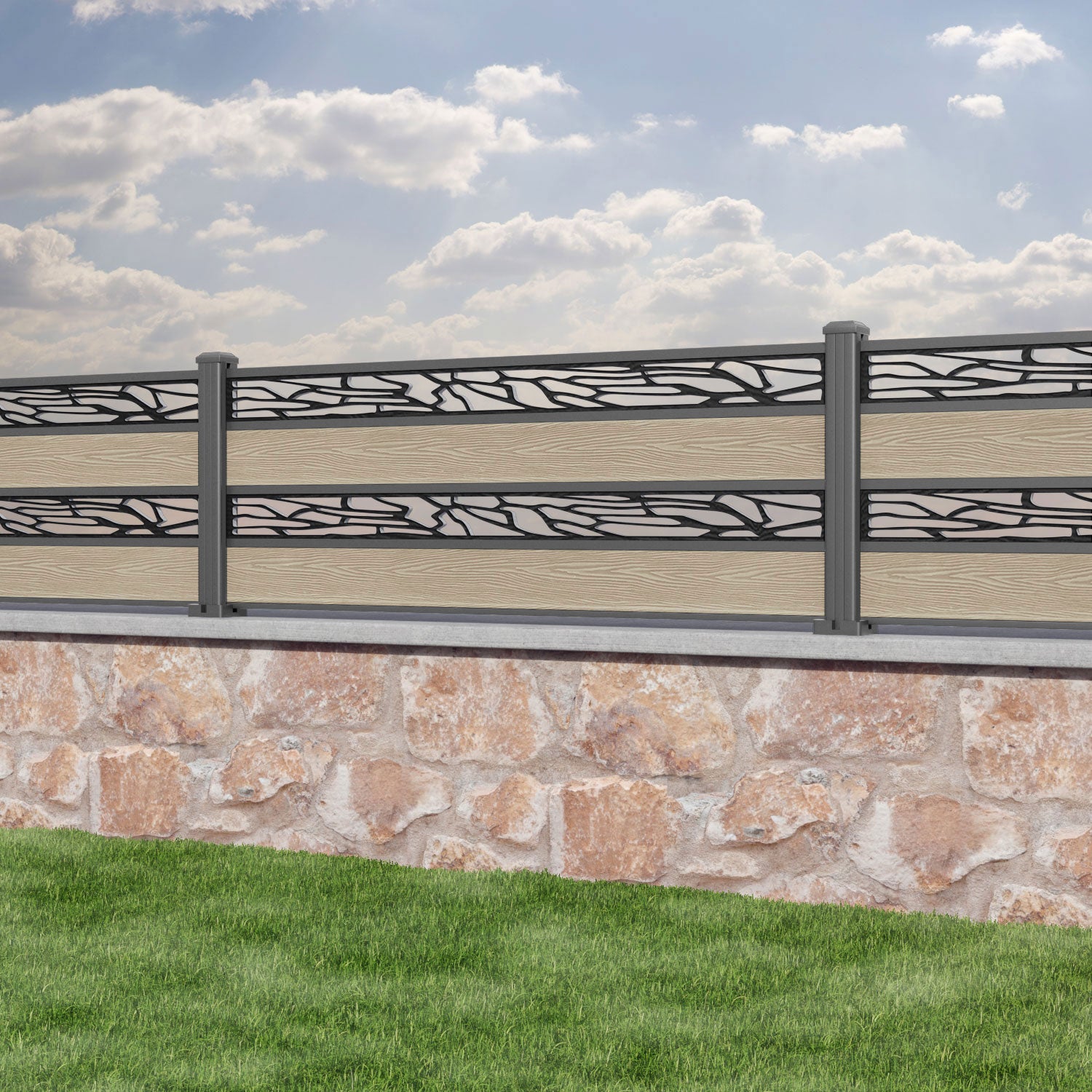 Classic Shatter Split Screen Fence Panel - Light Oak - with our aluminium posts