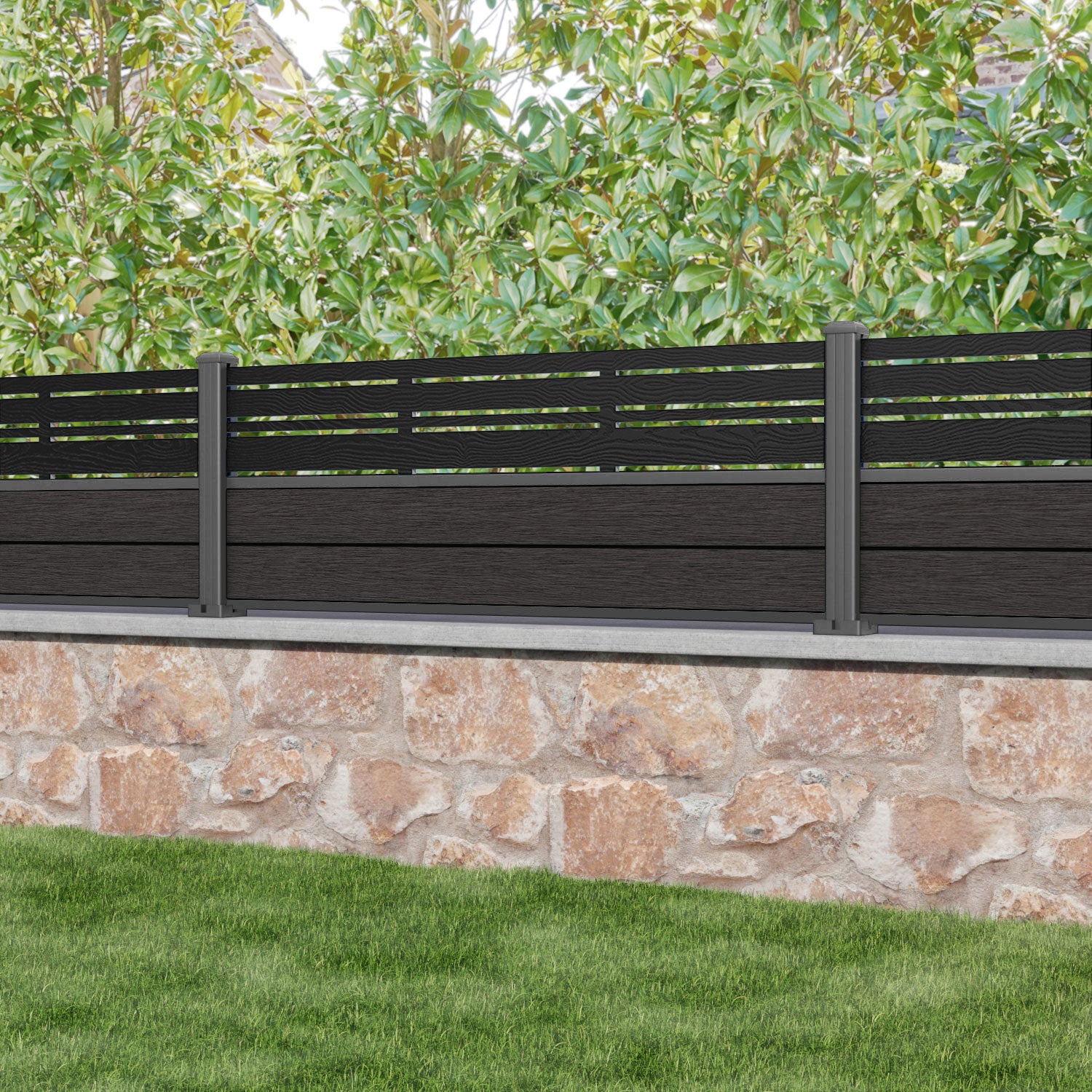 Fusion Linea Fence Panel - Dark Oak - with our aluminium posts