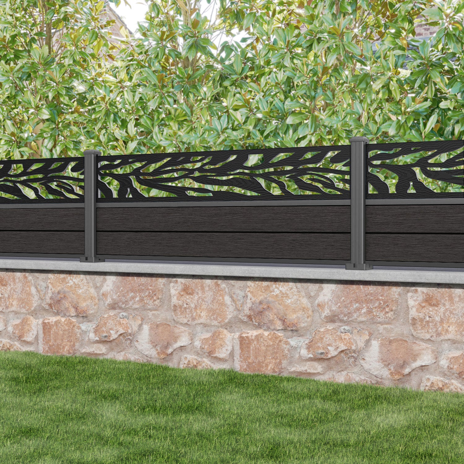 Fusion Malawi Fence Panel - Dark Oak - with our aluminium posts