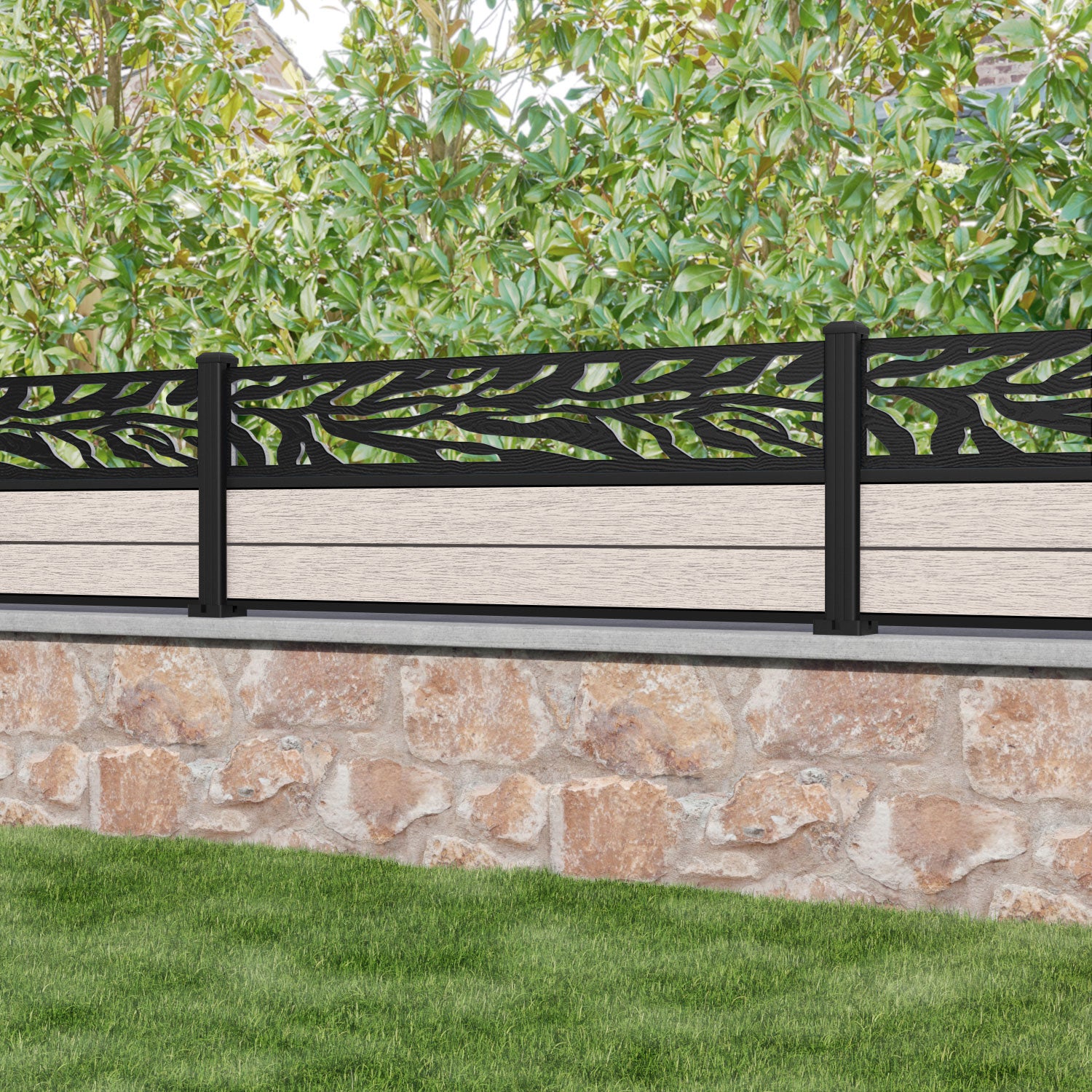 Fusion Malawi Fence Panel - Mid Stone - with our aluminium posts
