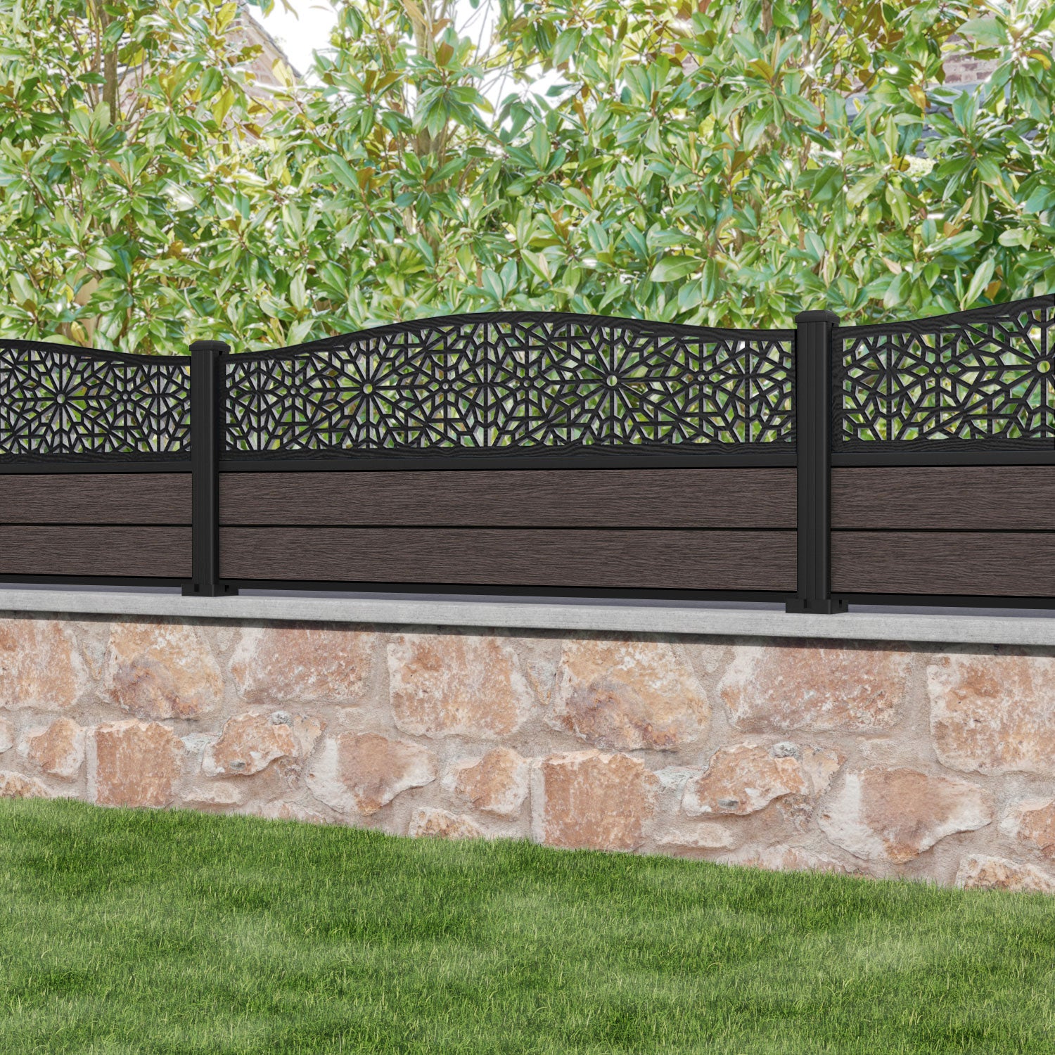 Fusion Alnara Curved Top Fence Panel - Mid Brown - with our aluminium posts