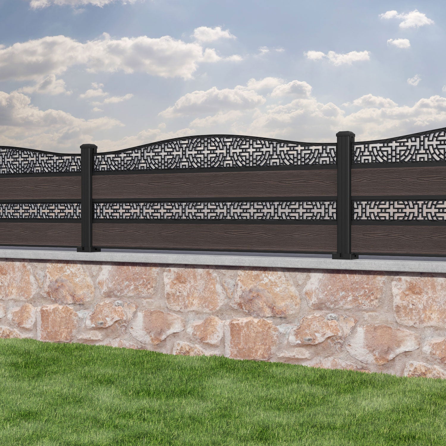 Classic Kumo Curved Top Split Screen Fence Panel - Mid Brown - with our aluminium posts
