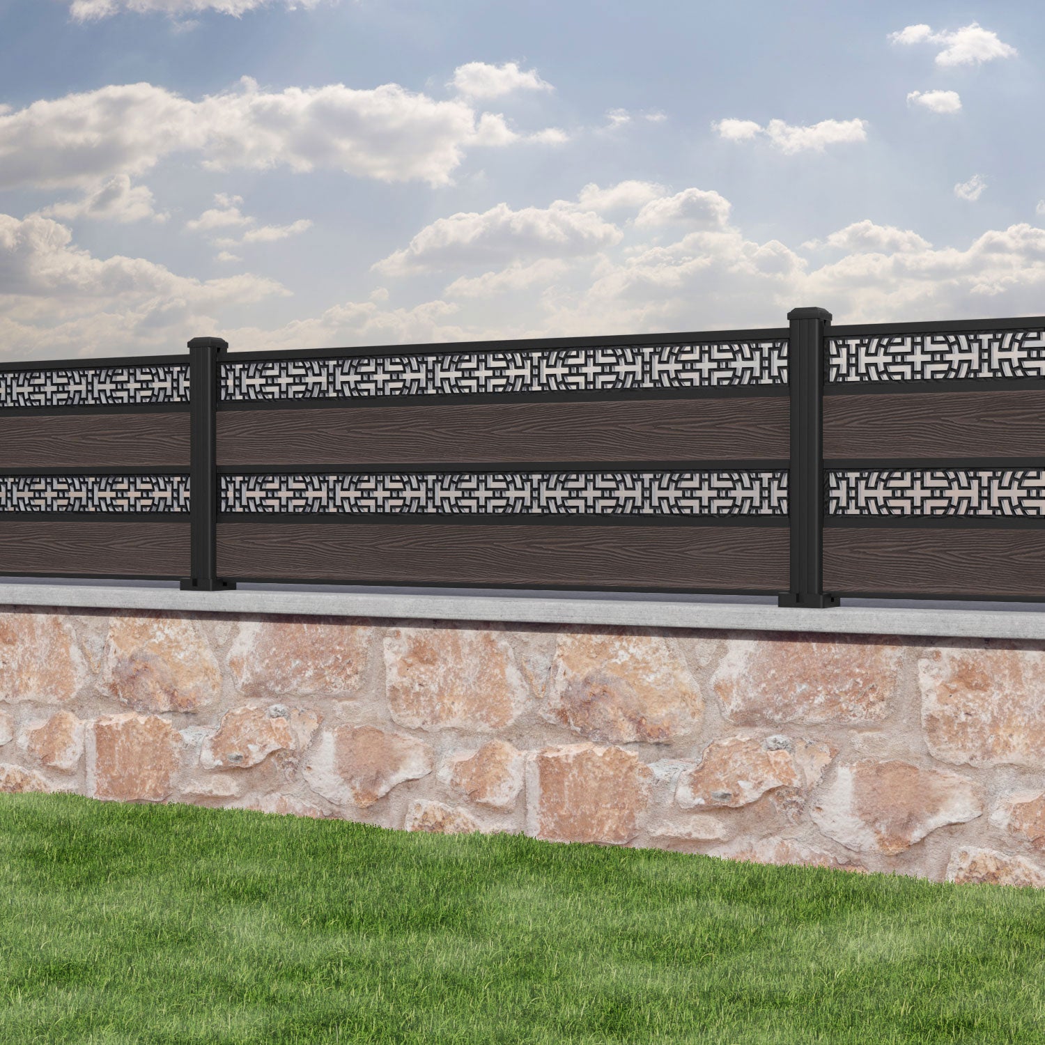 Classic Kumo Split Screen Fence Panel - Mid Brown - with our aluminium posts