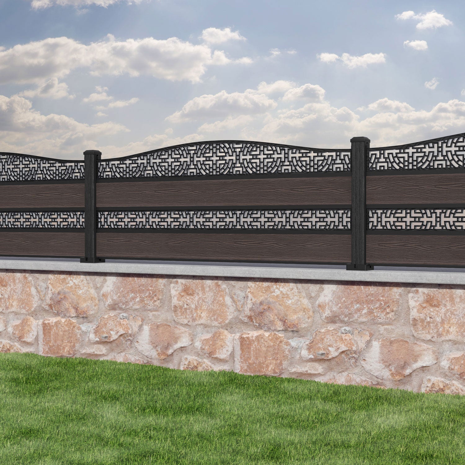 Classic Kumo Curved Top Split Screen Fence Panel - Mid Brown - with our composite posts