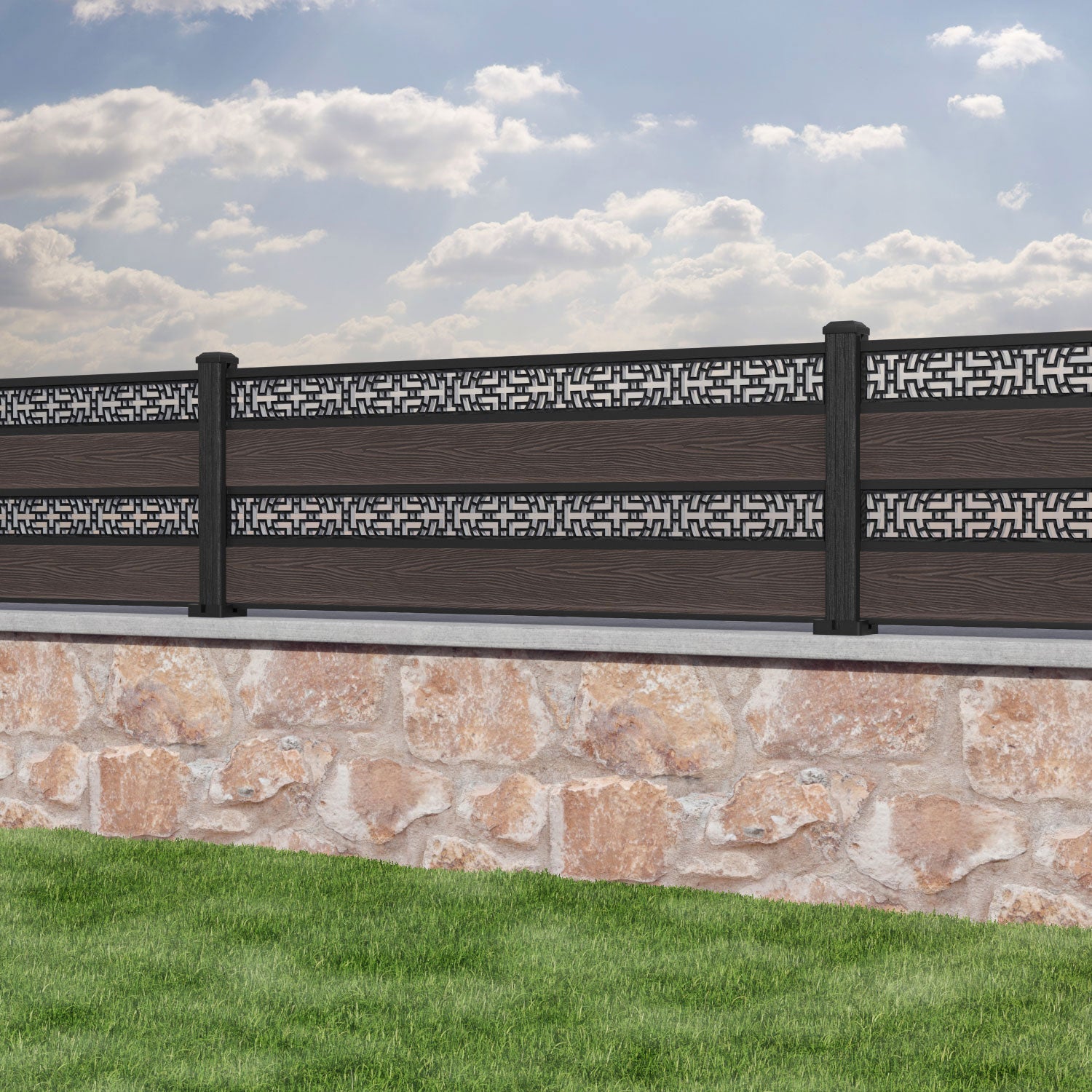 Classic Kumo Split Screen Fence Panel - Mid Brown - with our composite posts