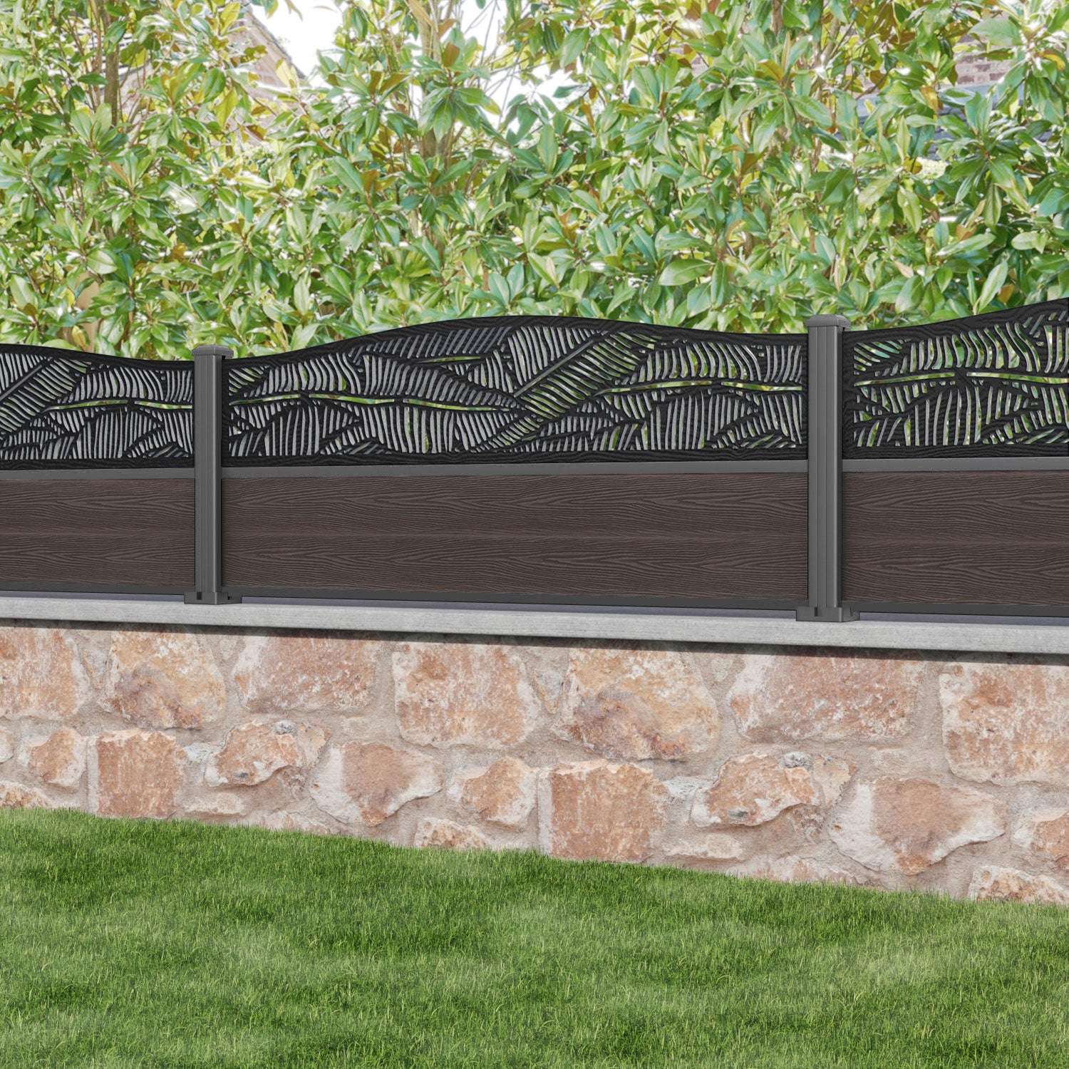 Classic Feather Curved Top Fence Panel - Mid Brown - with our aluminium posts