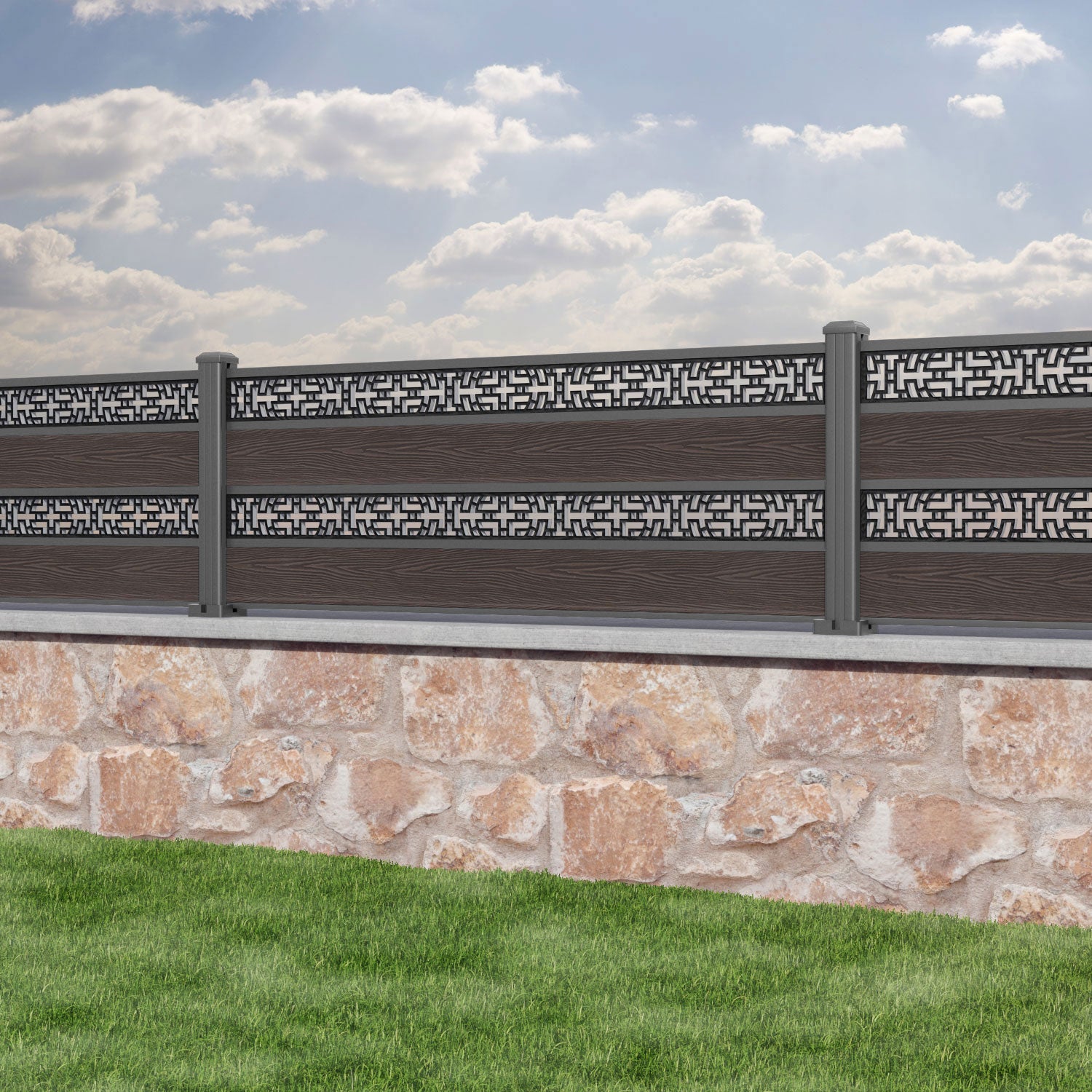 Classic Kumo Split Screen Fence Panel - Mid Brown - with our aluminium posts