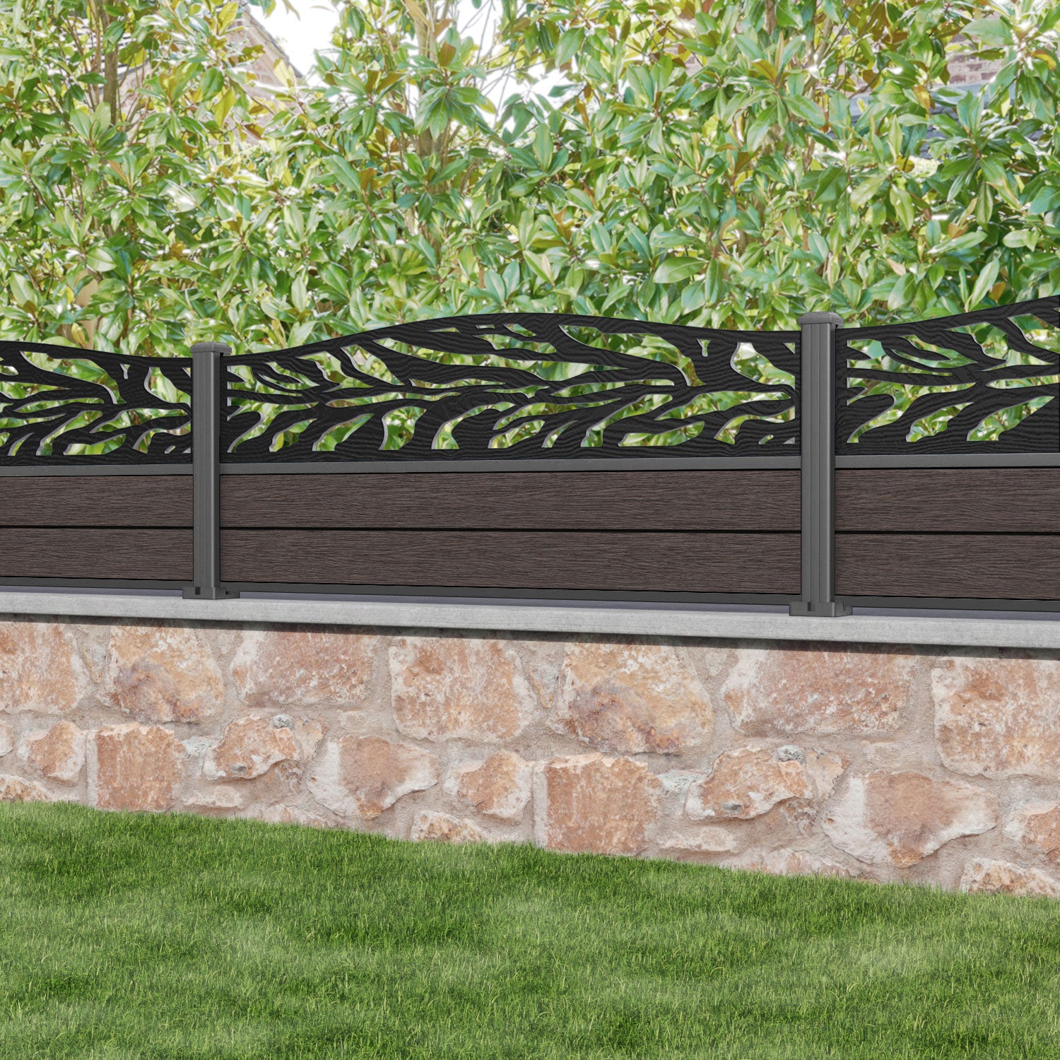 Fusion Malawi Curved Top Fence Panel - Mid Brown - with our aluminium posts