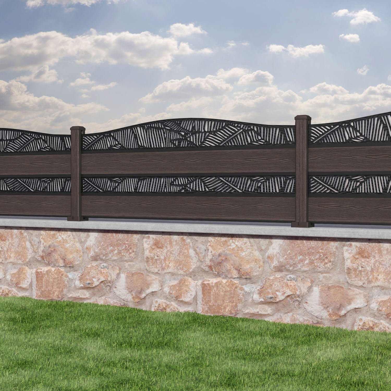 Classic Feather Curved Top Split Screen Fence Panel - Mid Brown - with our composite posts