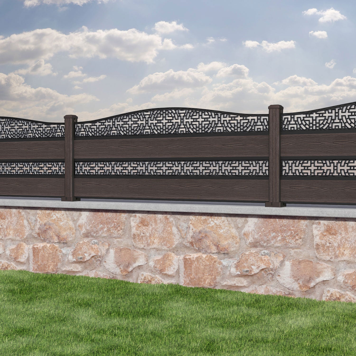 Classic Kumo Curved Top Split Screen Fence Panel - Mid Brown - with our composite posts