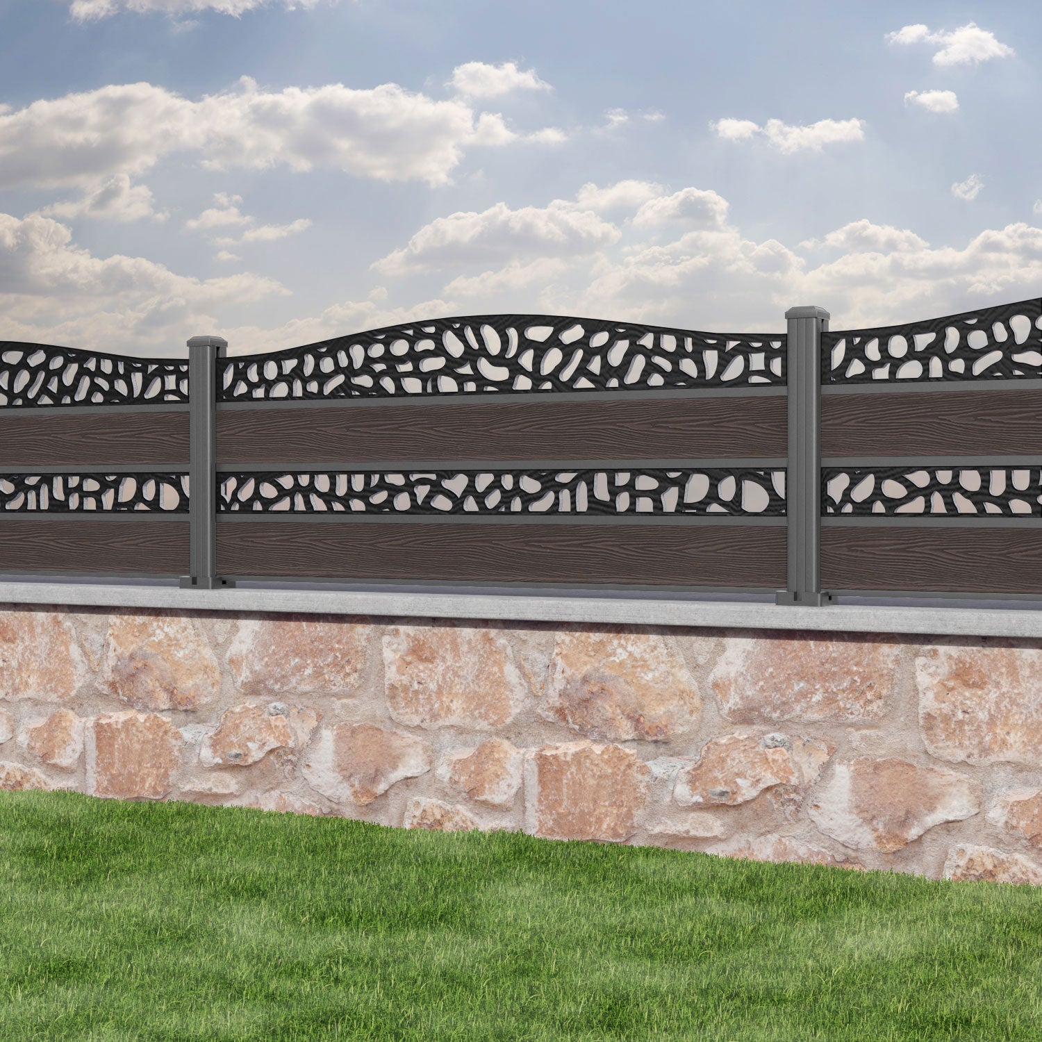 Classic Pebble Curved Top Split Screen Fence Panel - Mid Brown - with our aluminium posts