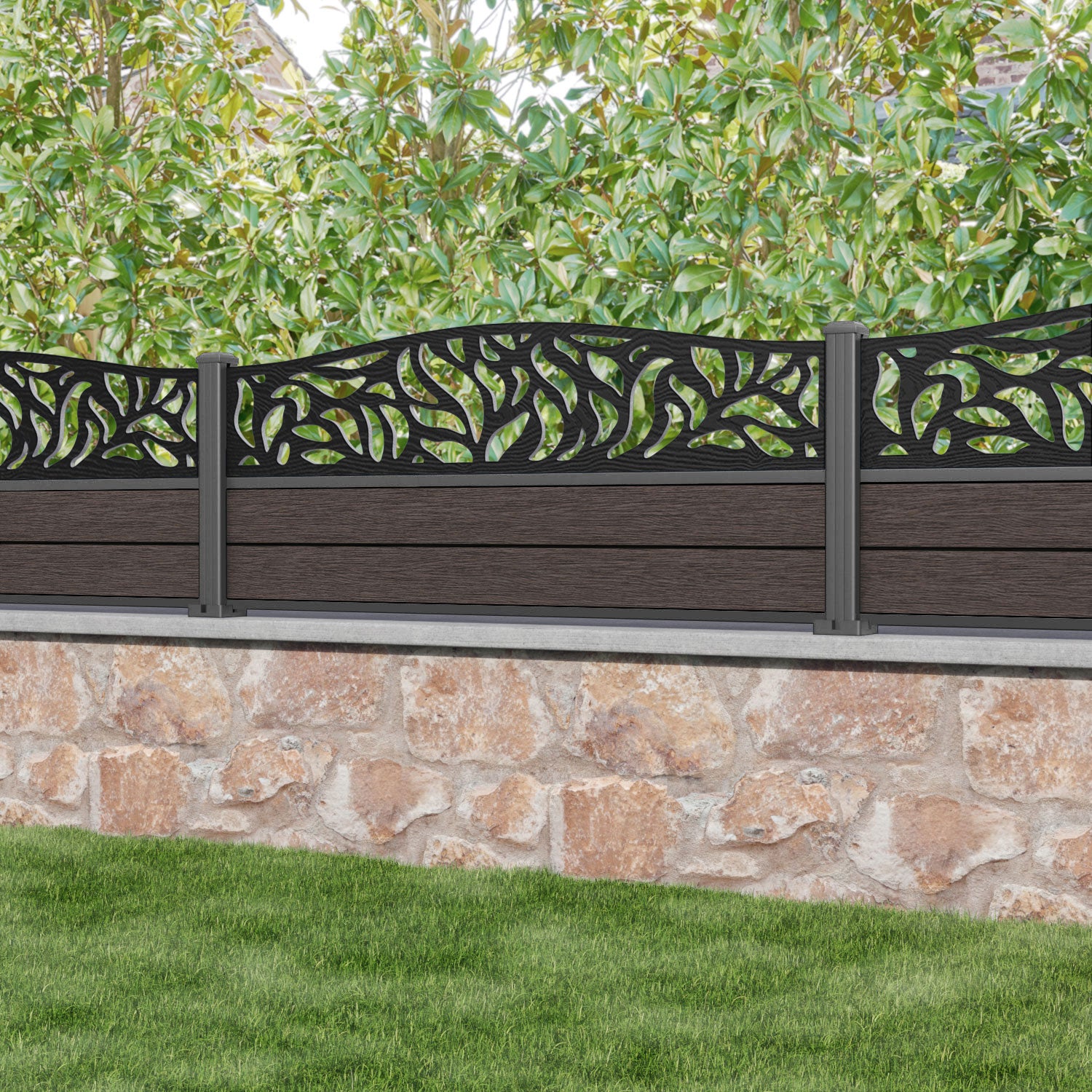 Fusion Plume Curved Top Fence Panel - Mid Brown - with our aluminium posts