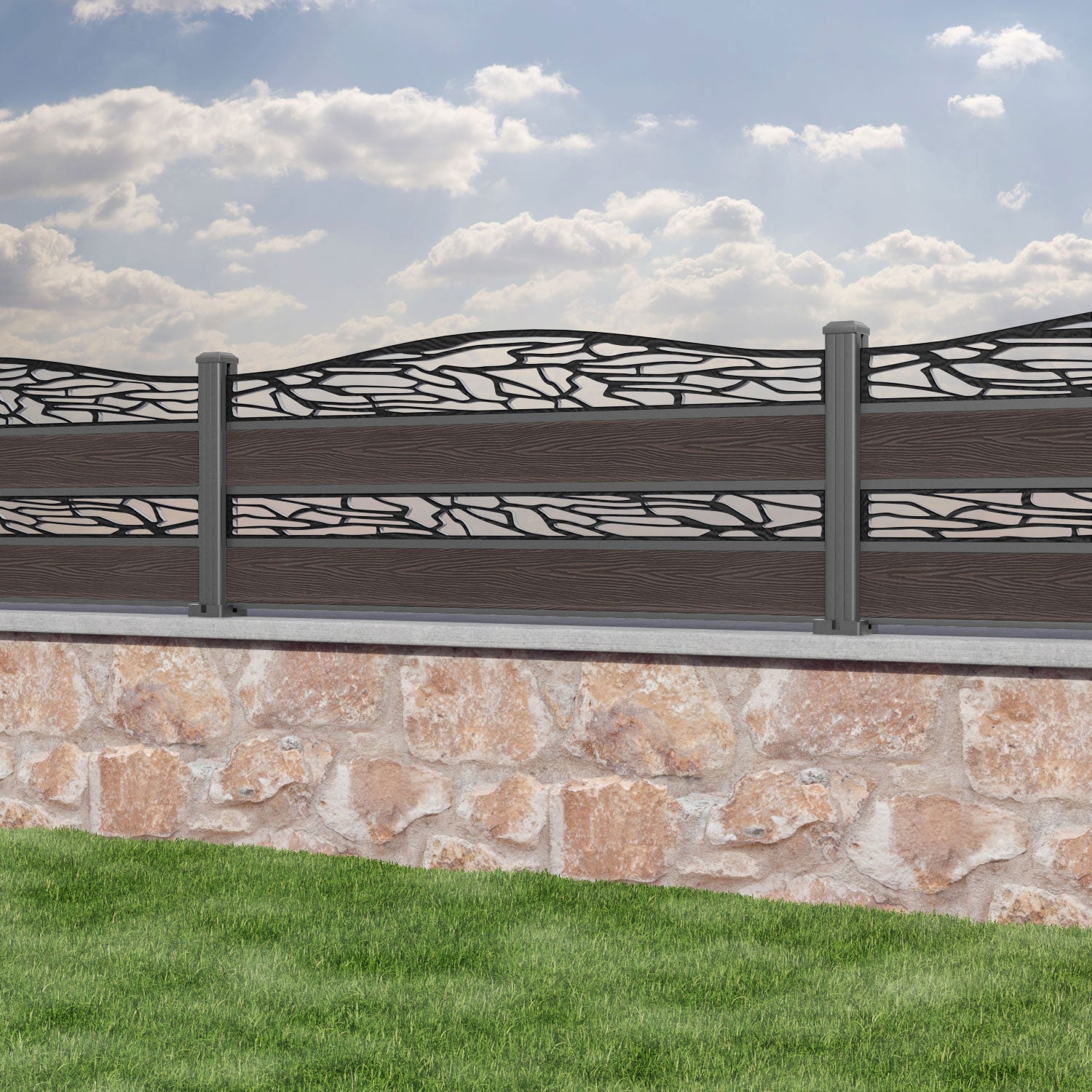 Classic Shatter Curved Top Split Screen Fence Panel - Mid Brown - with our aluminium posts