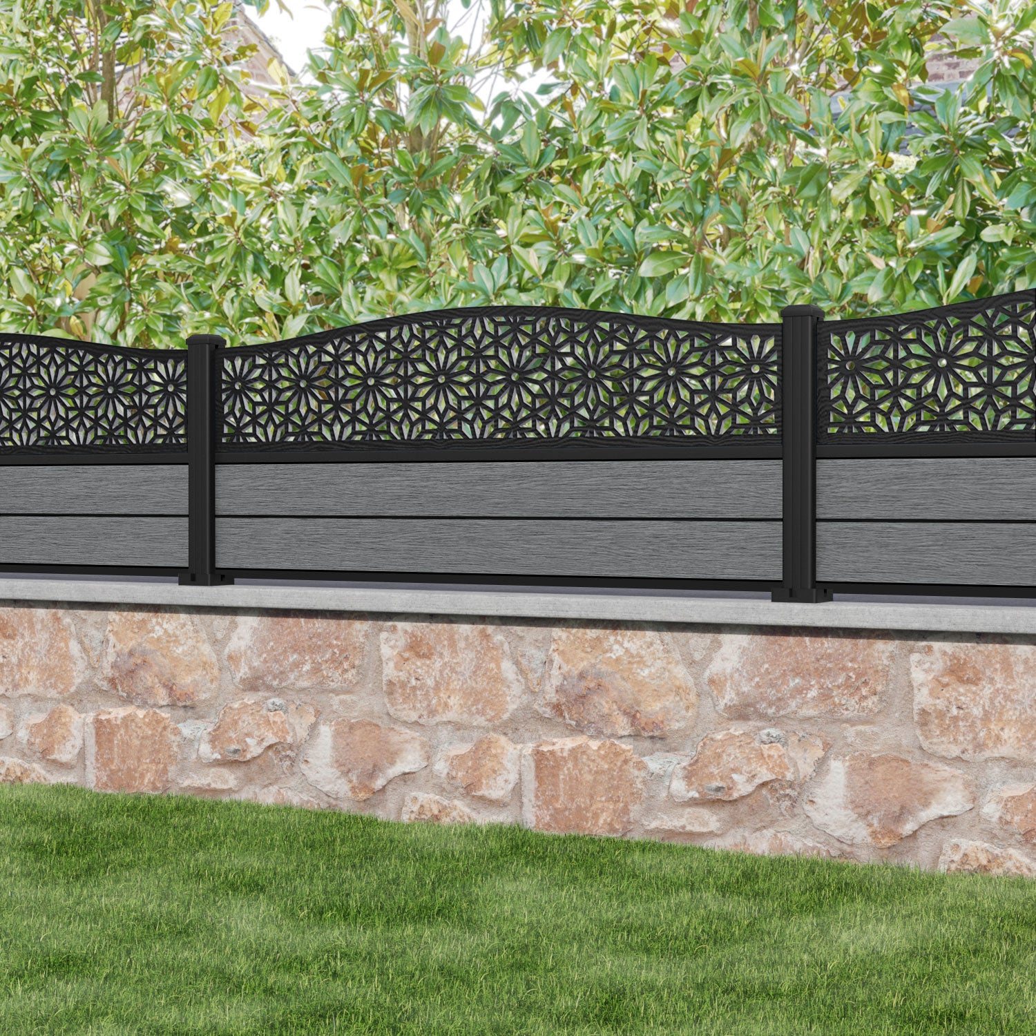 Fusion Narwa Curved Top Fence Panel - Mid Grey - with our aluminium posts