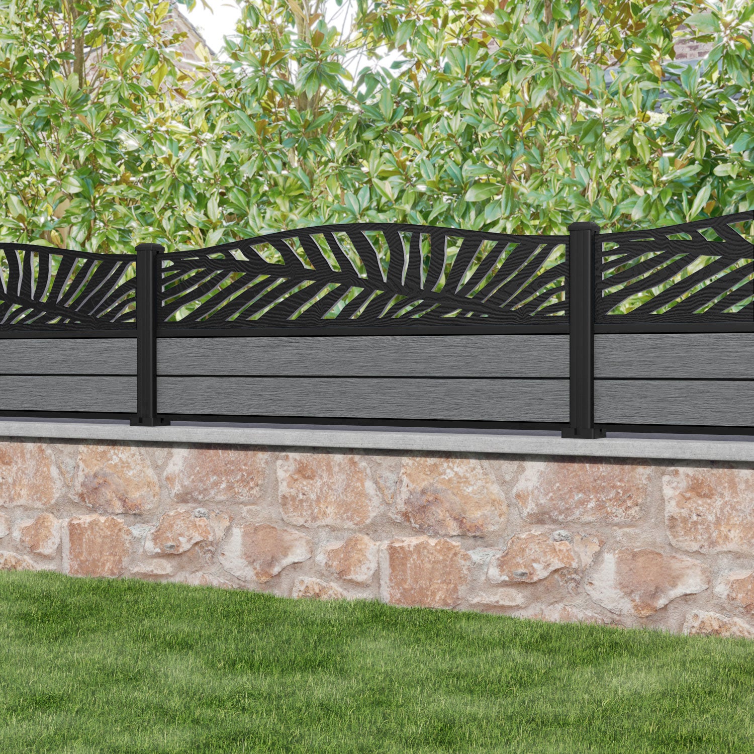 Fusion Palm Curved Top Fence Panel - Mid Grey - with our aluminium posts
