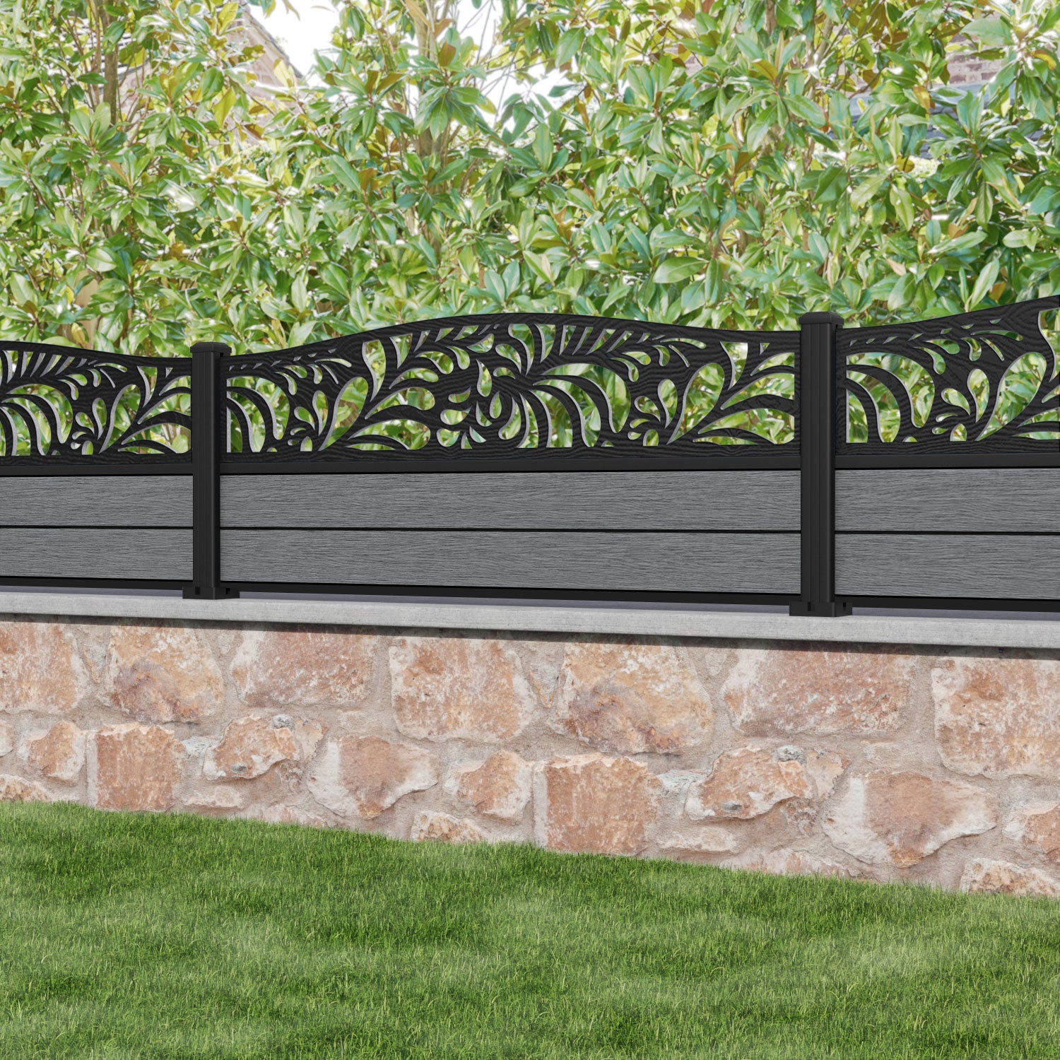 Fusion Petal Curved Top Fence Panel - Mid Grey - with our aluminium posts