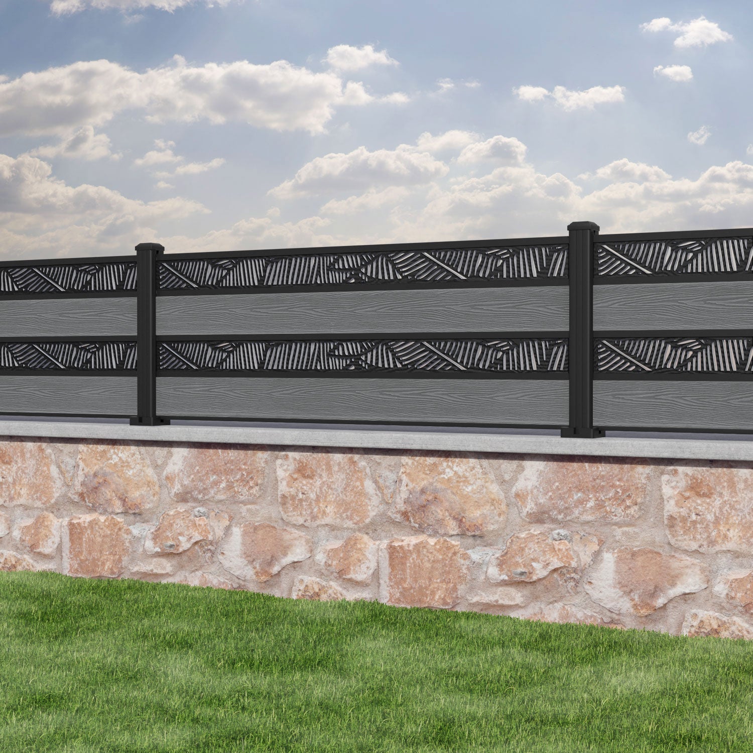 Classic Feather Split Screen Fence Panel - Mid Grey - with our aluminium posts