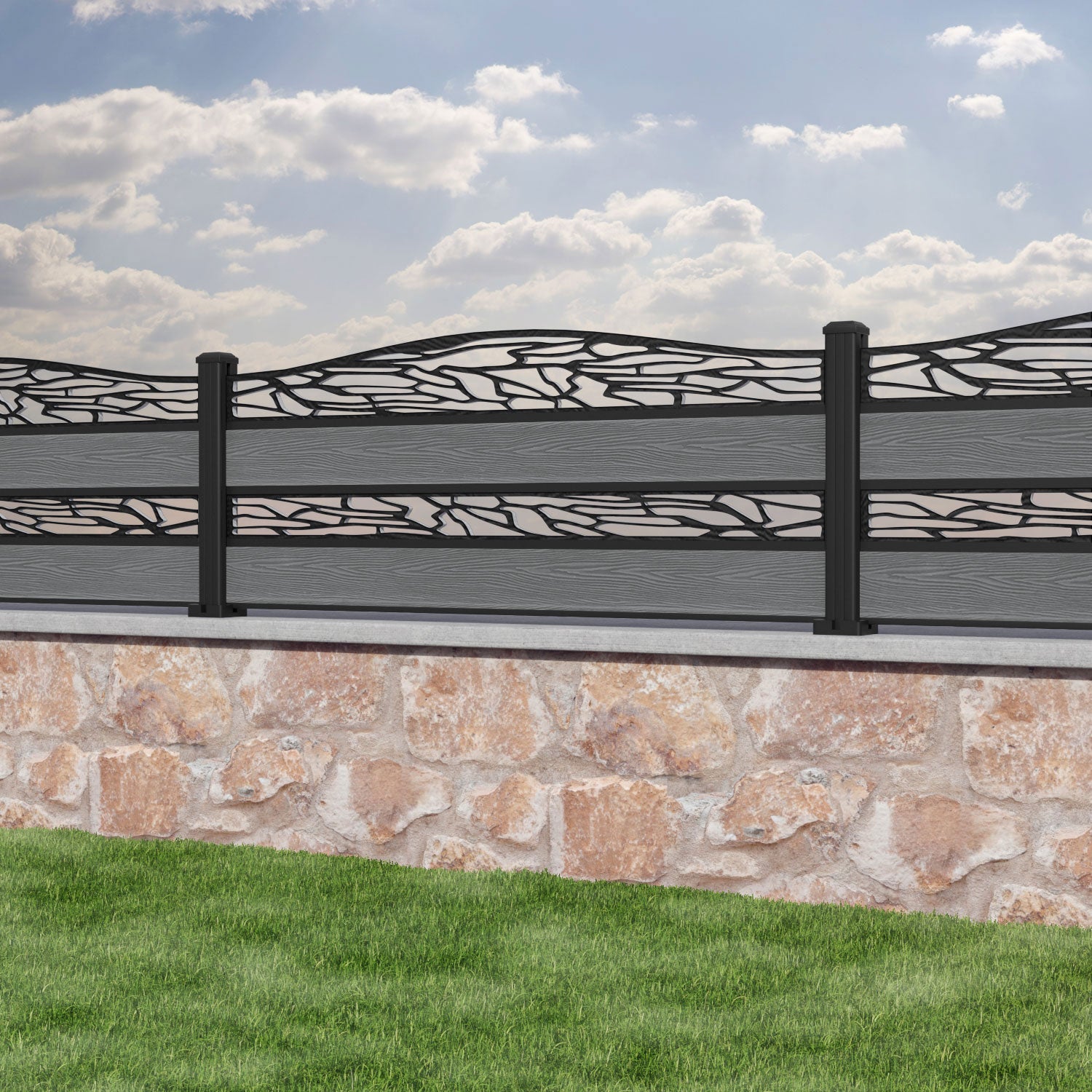 Classic Shatter Curved Top Split Screen Fence Panel - Mid Grey - with our aluminium posts