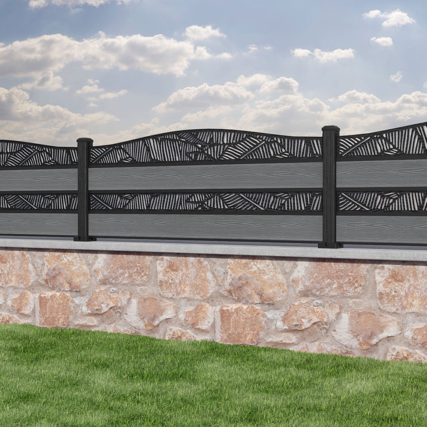 Classic Feather Curved Top Split Screen Fence Panel - Mid Grey - with our composite posts